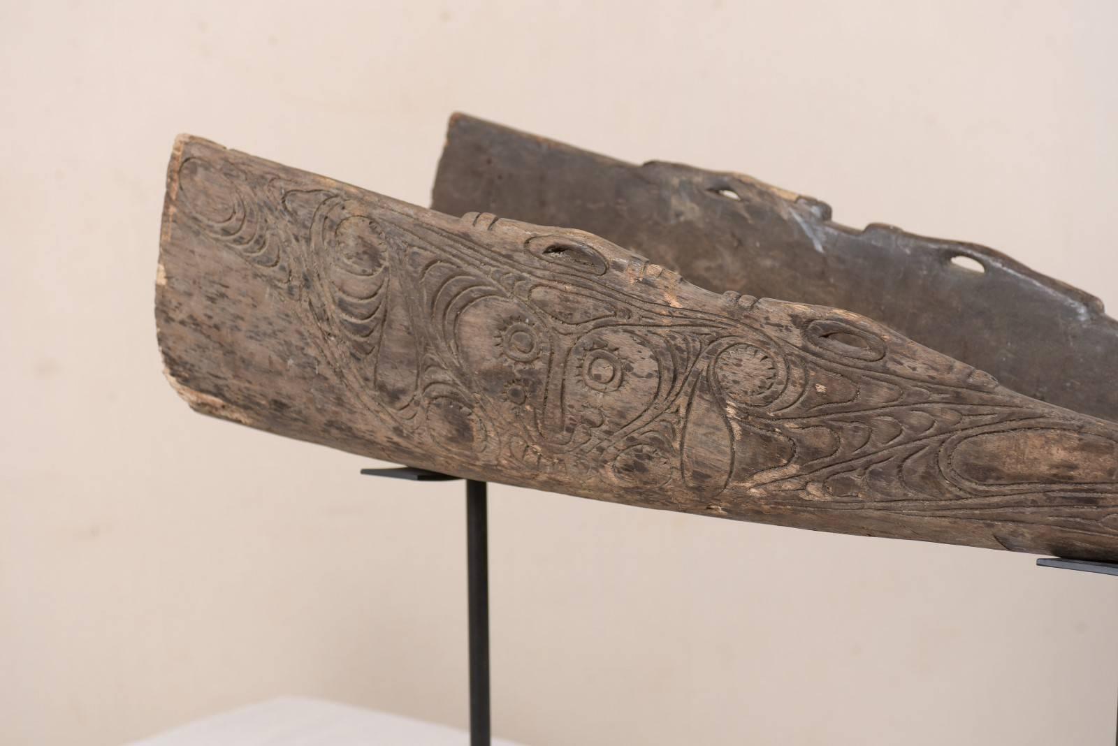 Hand-Carved Wood Boat Prow on Iron Stand from Papua New Guinea, Mid-20th Century 1
