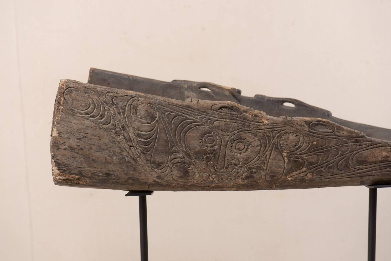 Hand-Carved Wood Boat Prow on Iron Stand from Papua New Guinea, Mid-20th Century 2