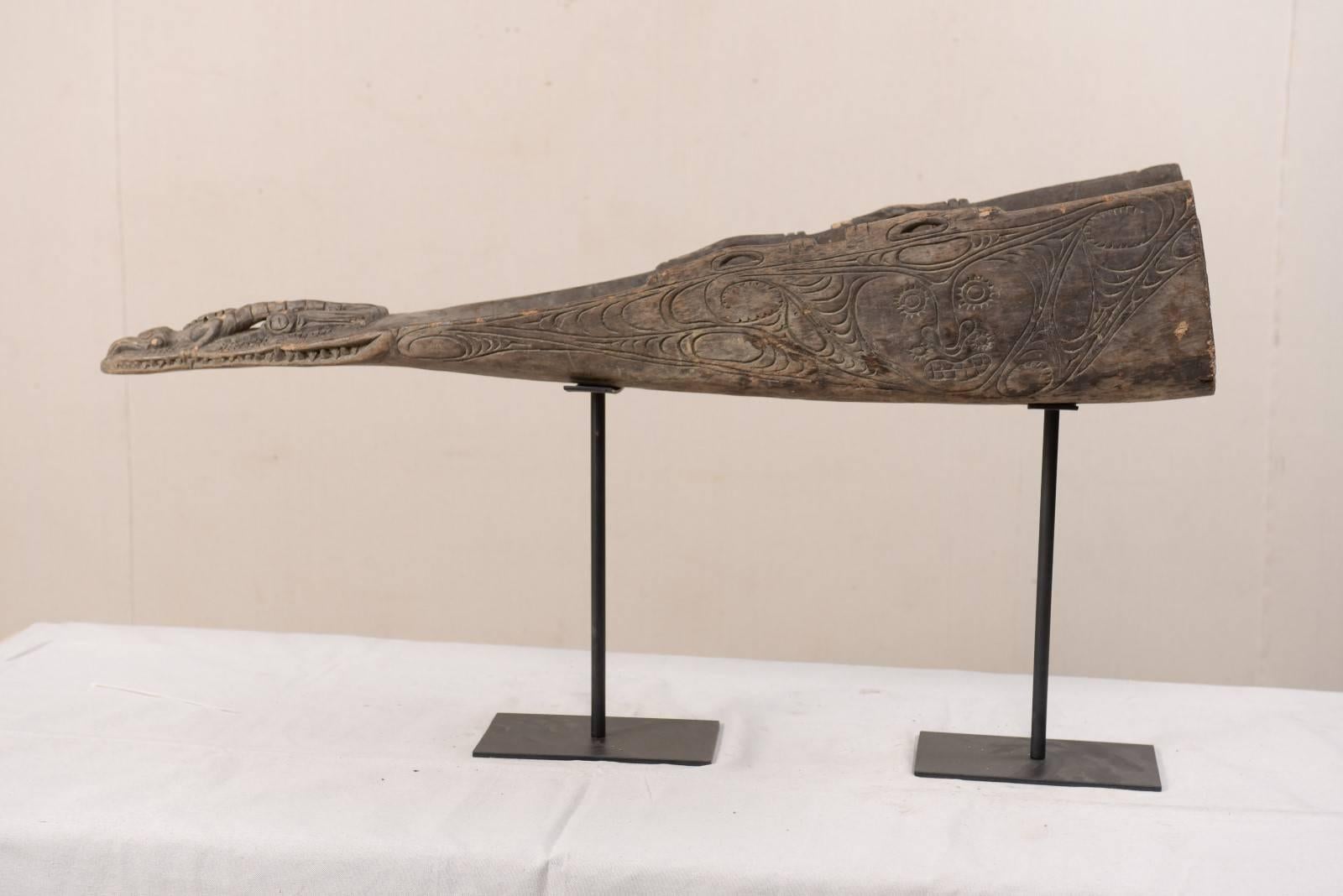 Hand-Carved Wood Boat Prow on Iron Stand from Papua New Guinea, Mid-20th Century 4