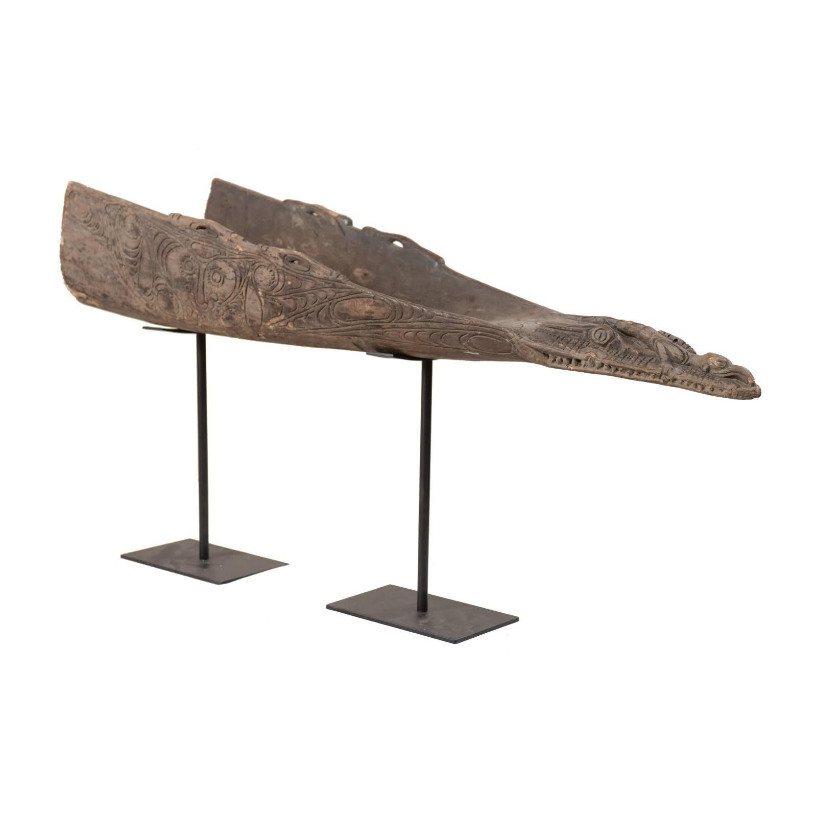 Hand-Carved Wood Boat Prow on Iron Stand from Papua New Guinea, Mid-20th Century