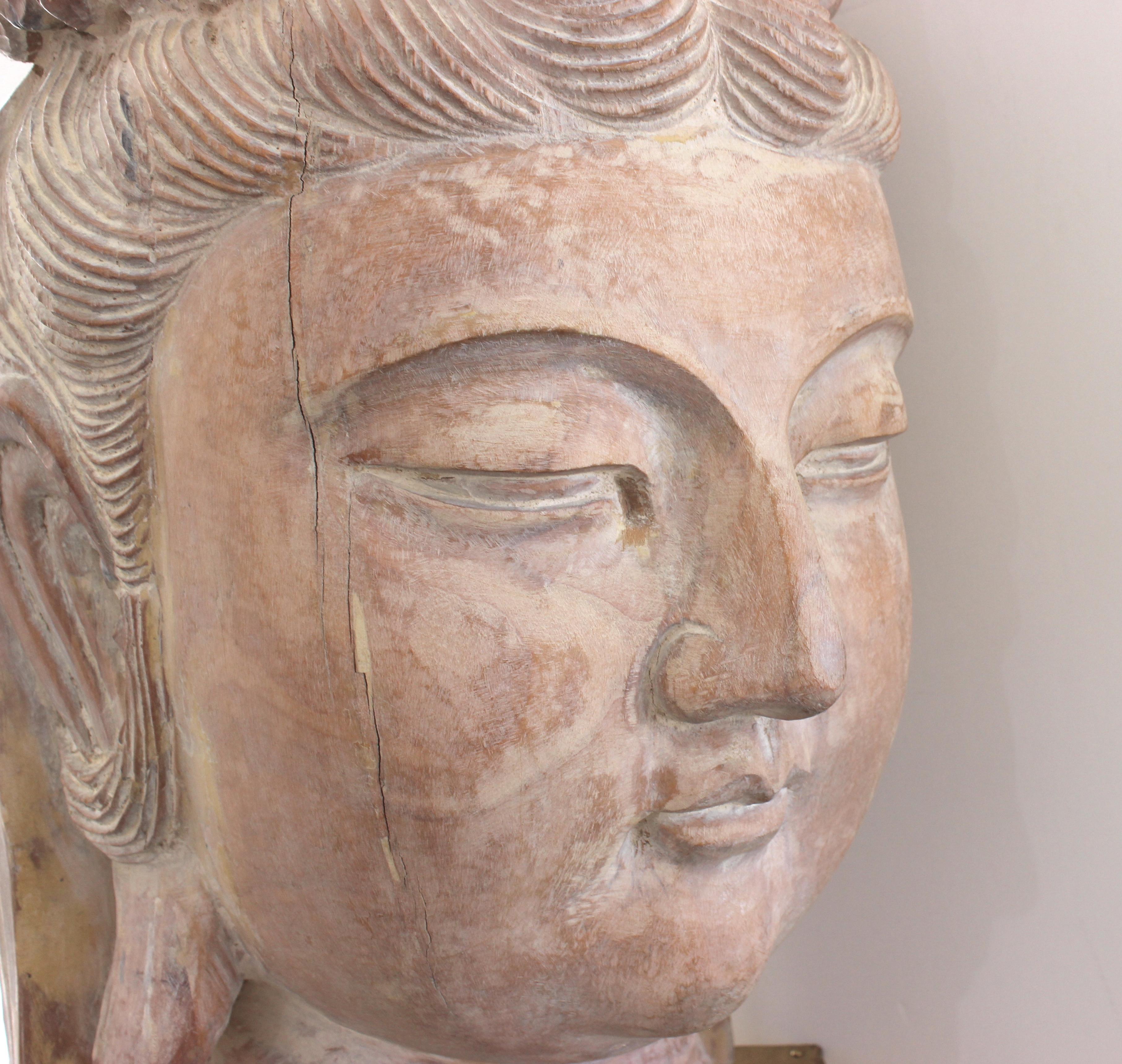 Artisan Carved Wood Buddha Head For Sale 4