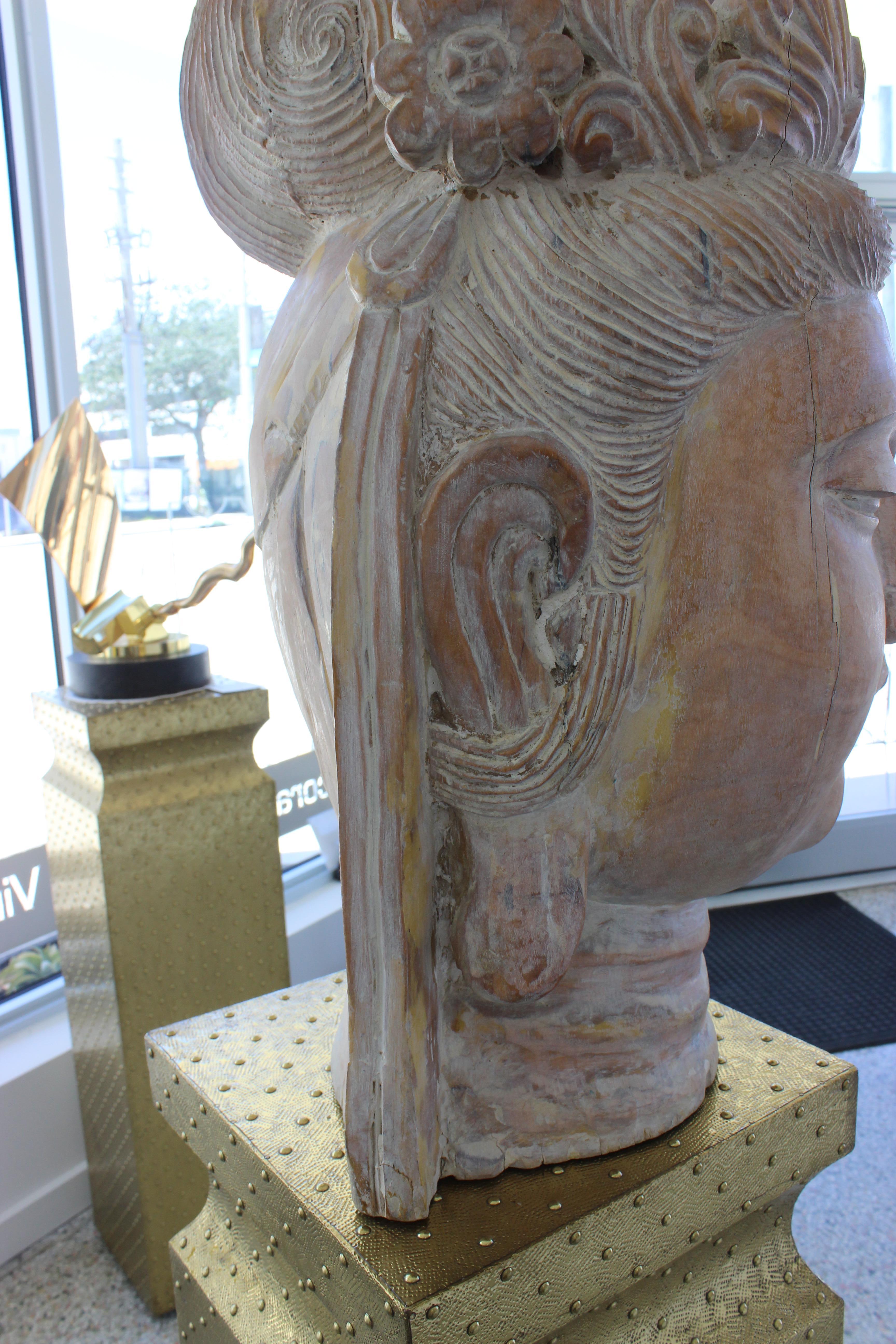 Artisan Carved Wood Buddha Head For Sale 10