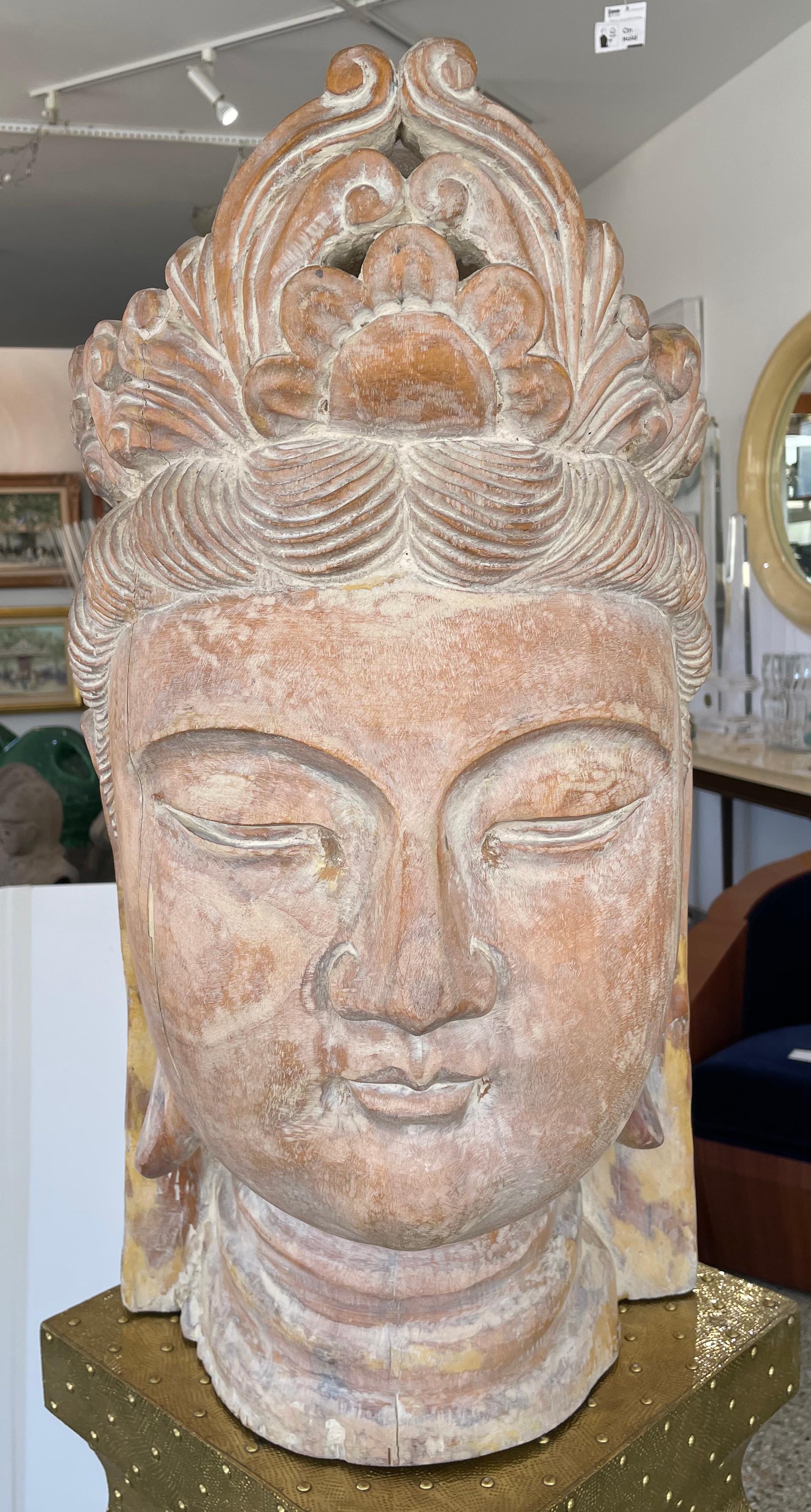 Hollywood Regency Artisan Carved Wood Buddha Head For Sale