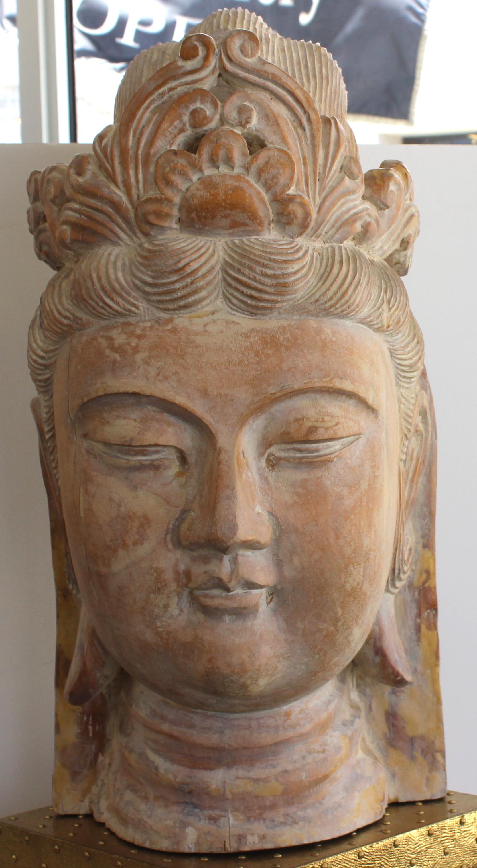 Hand-Carved Artisan Carved Wood Buddha Head For Sale