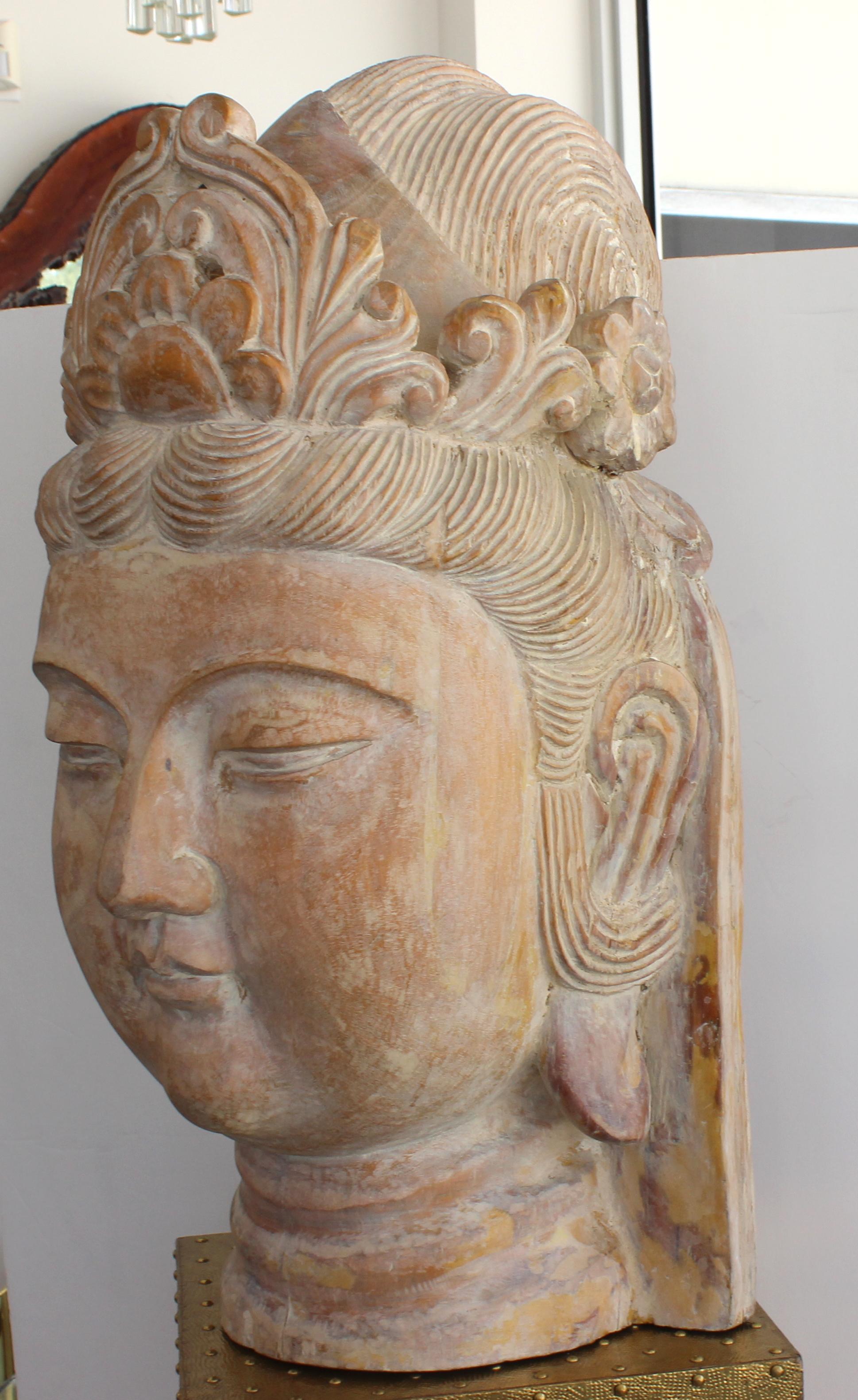 Artisan Carved Wood Buddha Head In Good Condition For Sale In West Palm Beach, FL