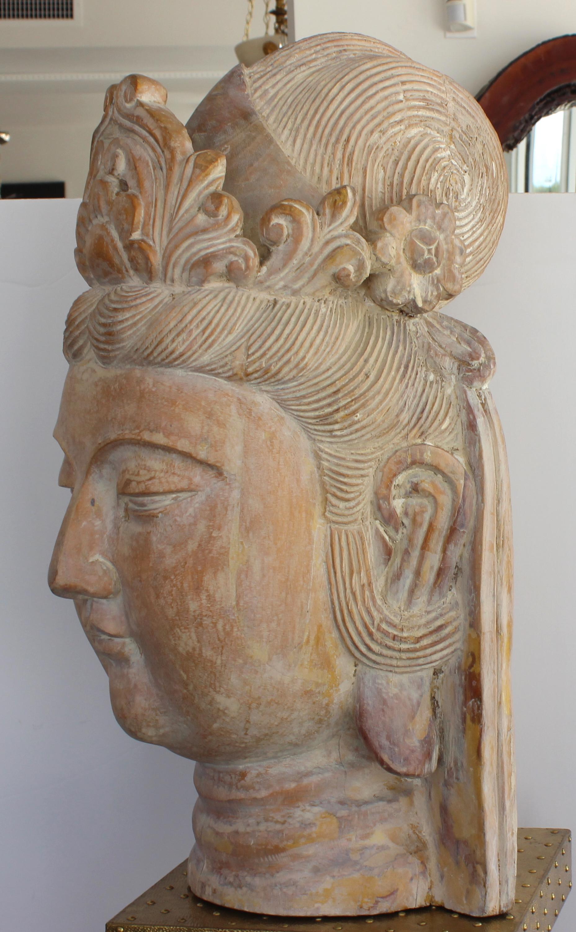 20th Century Artisan Carved Wood Buddha Head For Sale