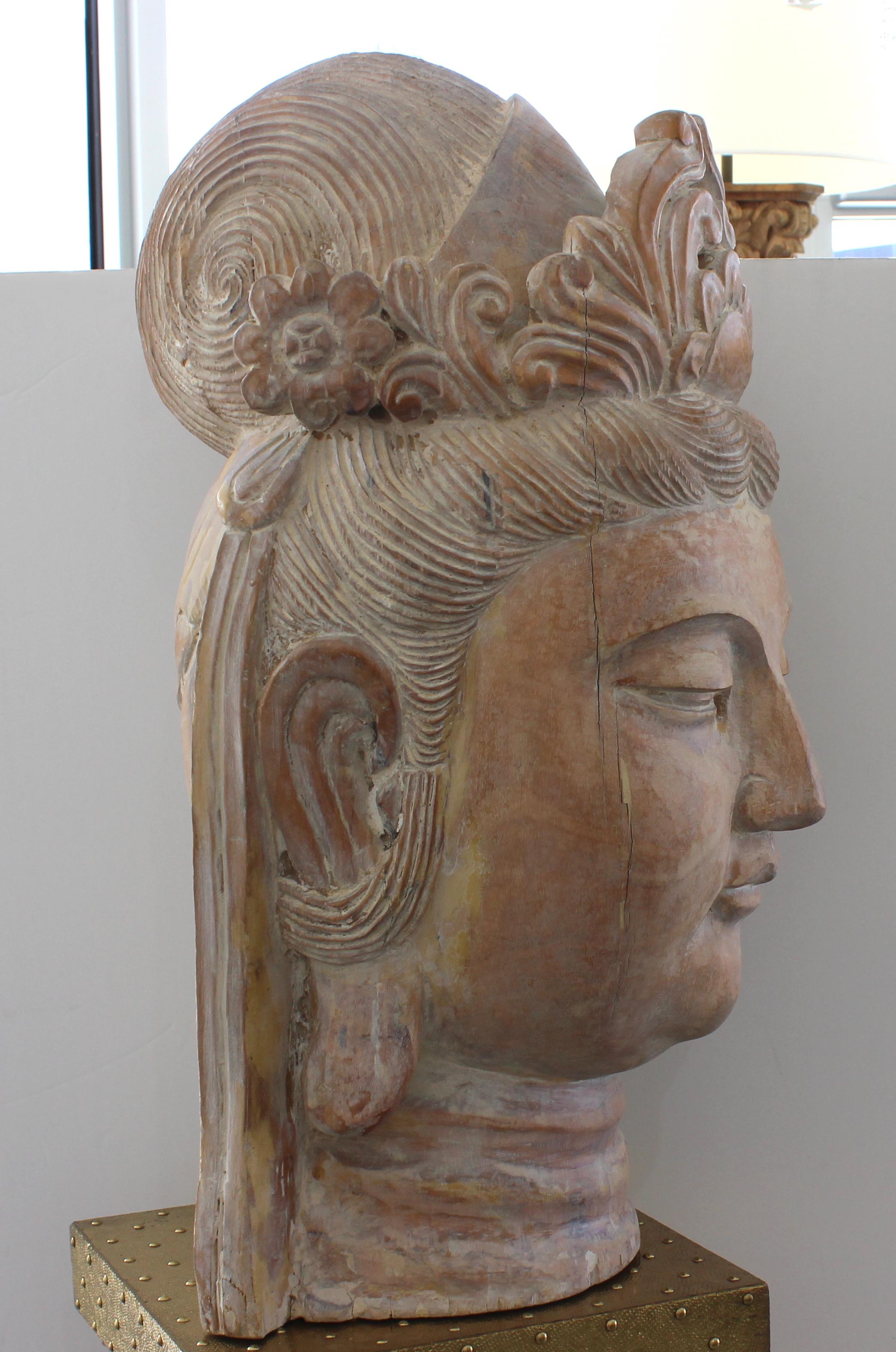Artisan Carved Wood Buddha Head For Sale 3