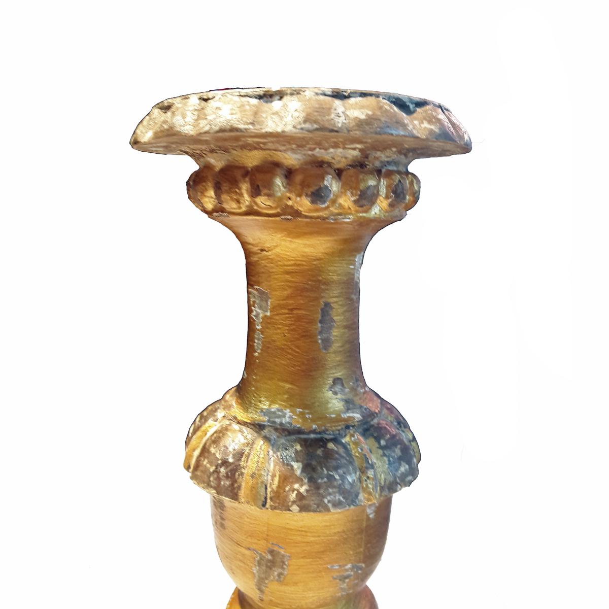 Anglo-Indian Hand Carved Wood Candlestick from India, in Gilt Rustic Finish For Sale