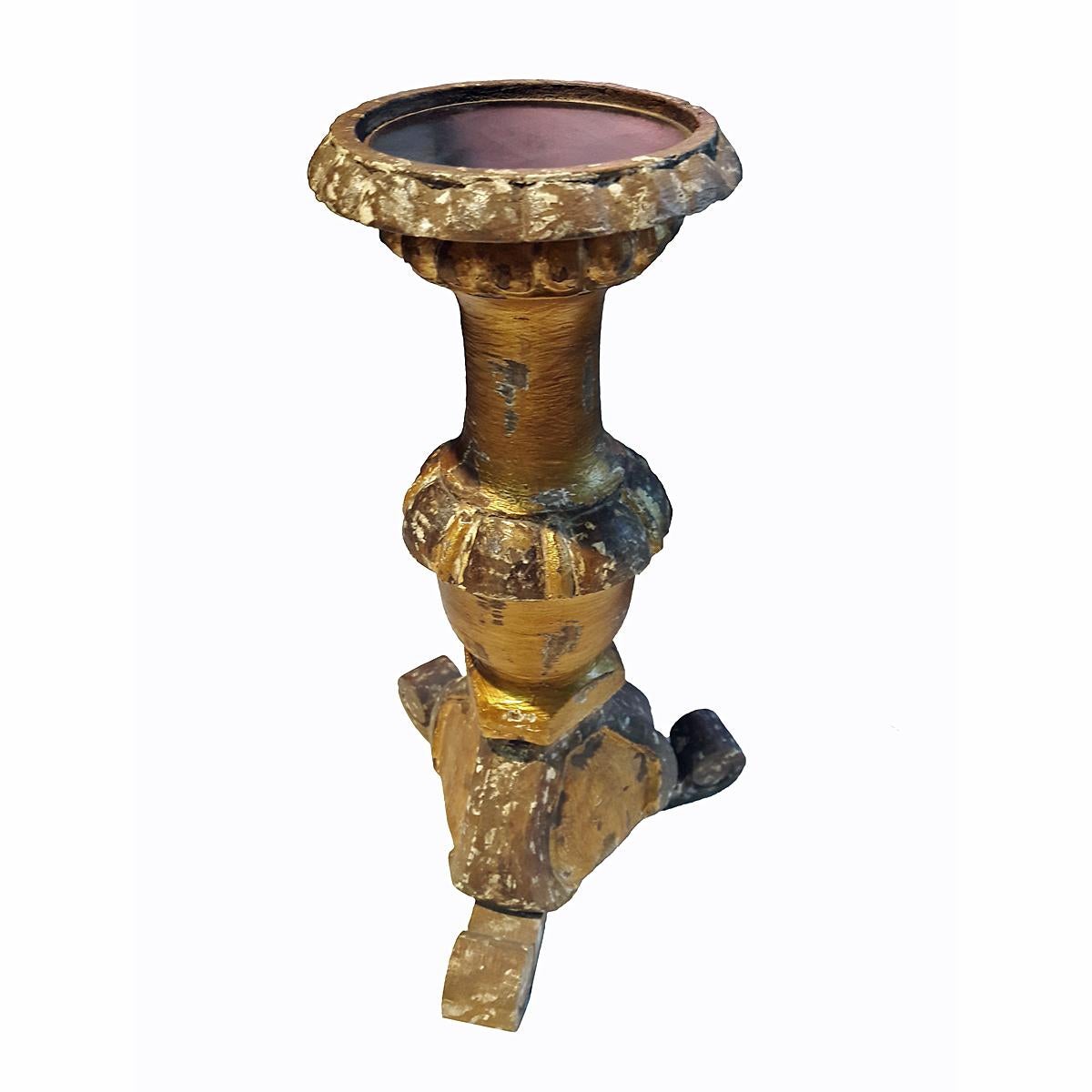 Indian Hand Carved Wood Candlestick from India, in Gilt Rustic Finish For Sale