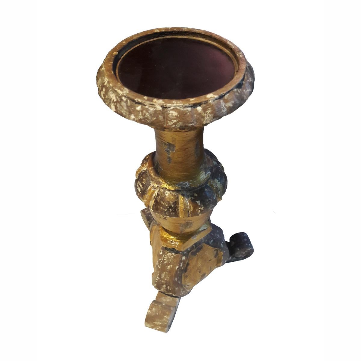 Hand-Carved Hand Carved Wood Candlestick from India, in Gilt Rustic Finish For Sale
