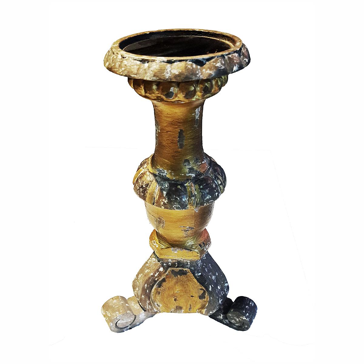 Hand Carved Wood Candlestick from India, in Gilt Rustic Finish In Good Condition For Sale In New York, NY