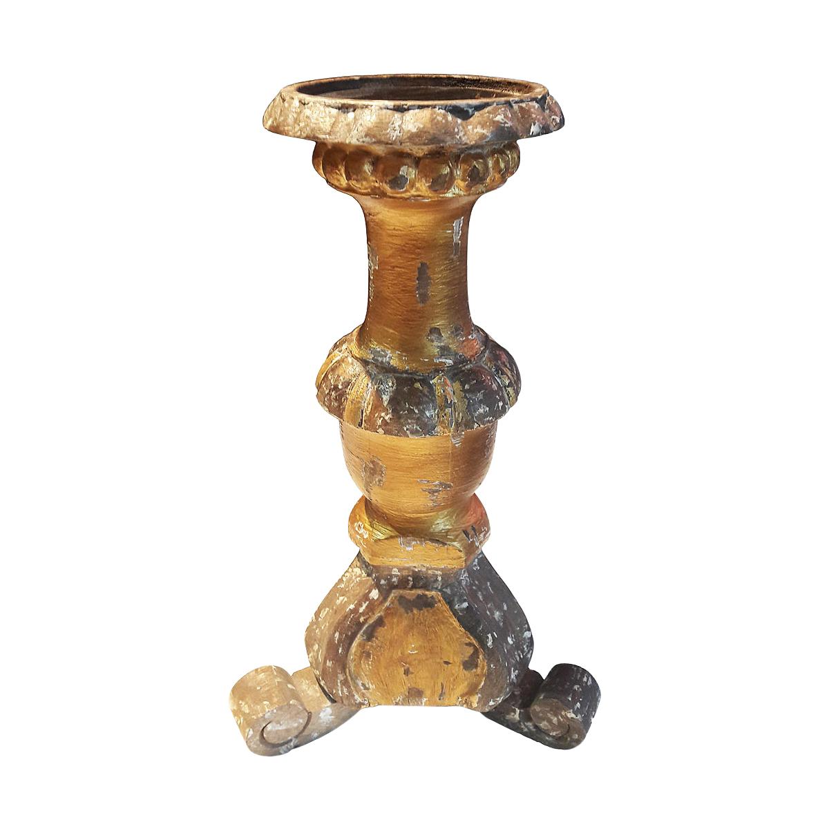 Hand Carved Wood Candlestick from India, in Gilt Rustic Finish For Sale