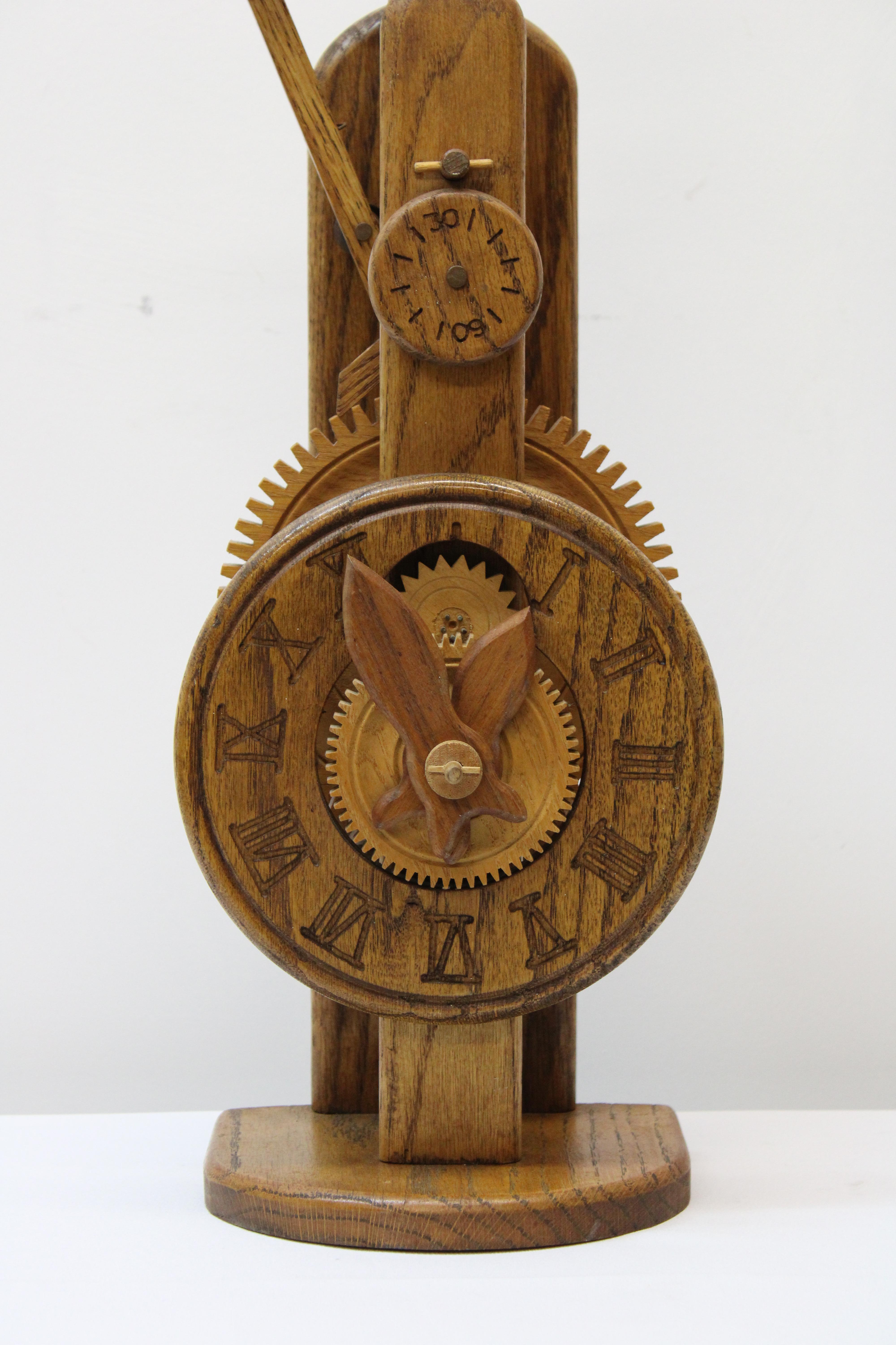 Hand Carved Wood Clock w/ Wooden Gears In Good Condition In San Francisco, CA
