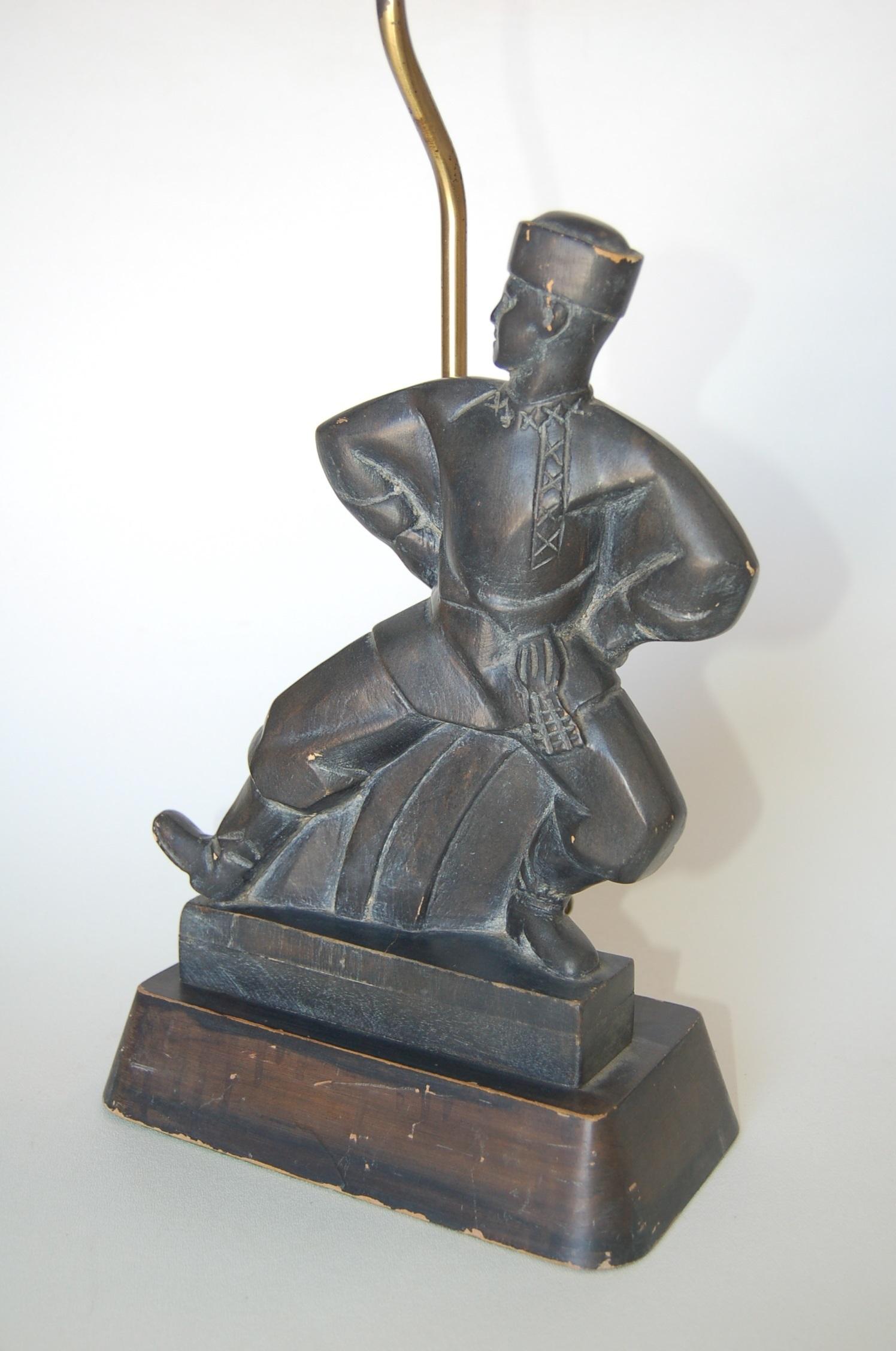 Mid-Century Modern Hand Carved Wood Cossack Russian Dancer Table Lamp Signed Jascha Heifetz For Sale