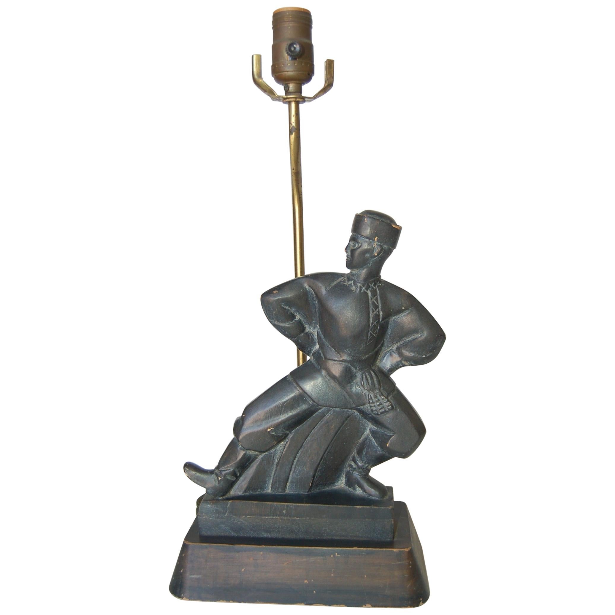 Hand Carved Wood Cossack Russian Dancer Table Lamp Signed Jascha Heifetz For Sale