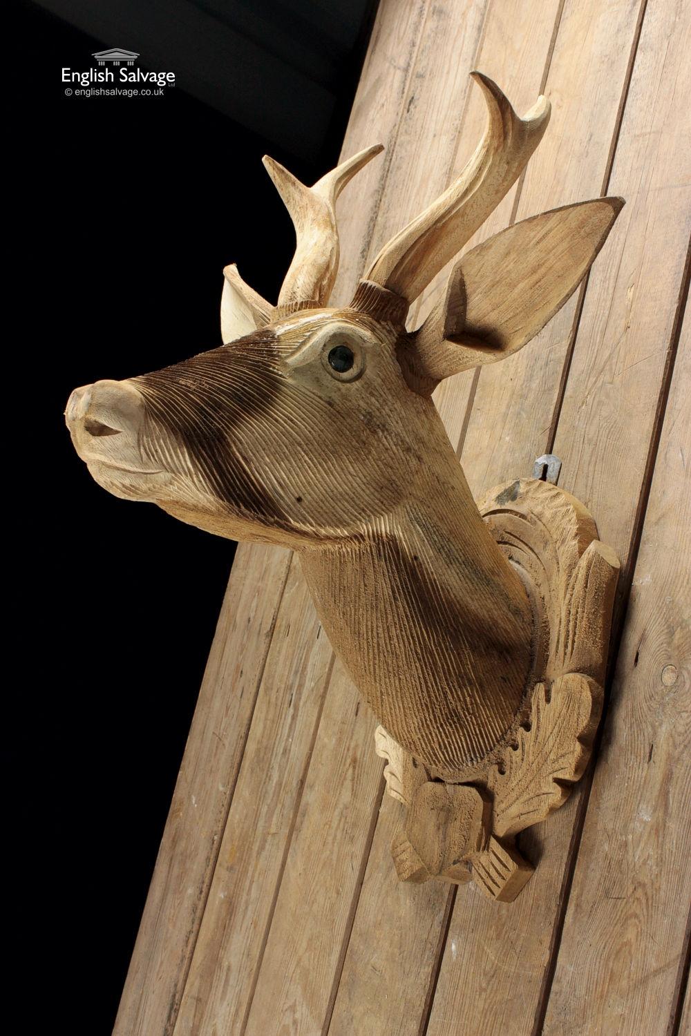 European Hand Carved Wood Deer Head, 20th Century For Sale