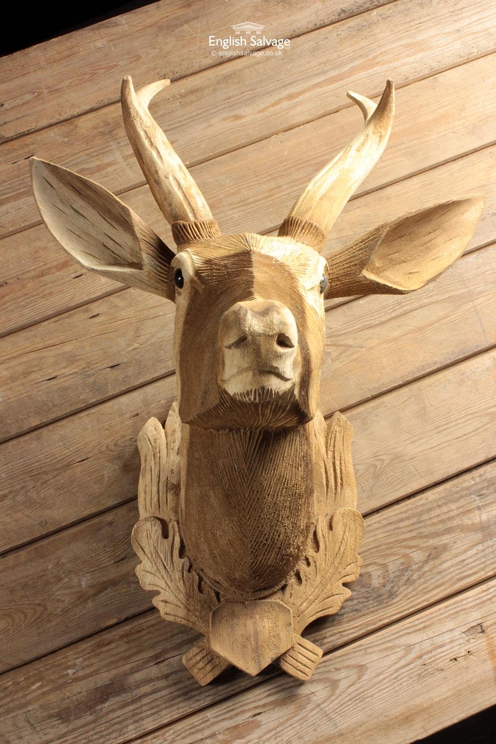 Hand Carved Wood Deer Head, 20th Century For Sale 1