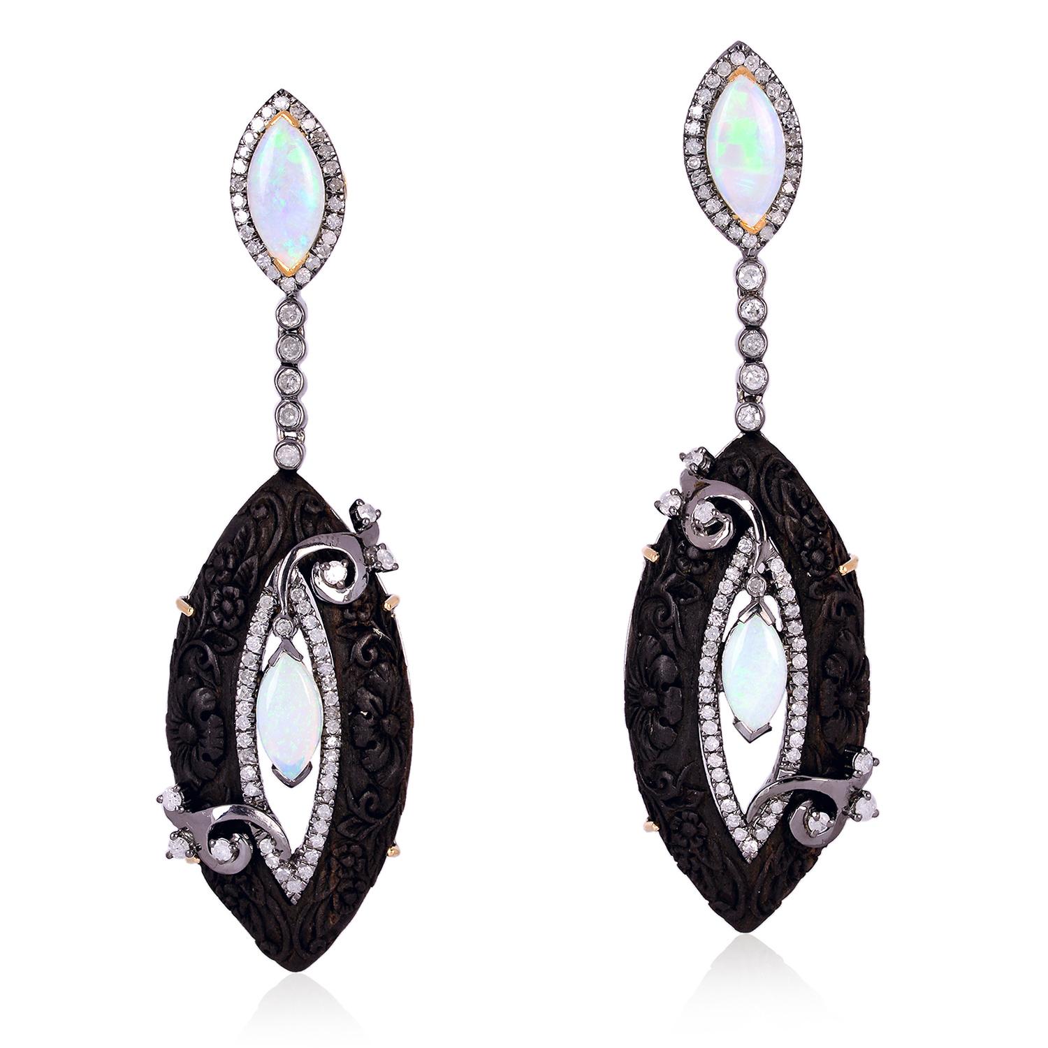 Marquise Cut Hand Carved Wood Diamond Opal Earrings For Sale