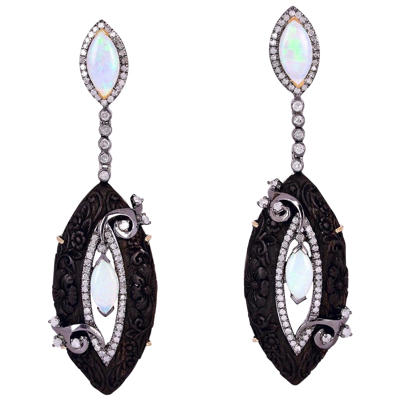 Hand Carved Wood Diamond Opal Earrings For Sale