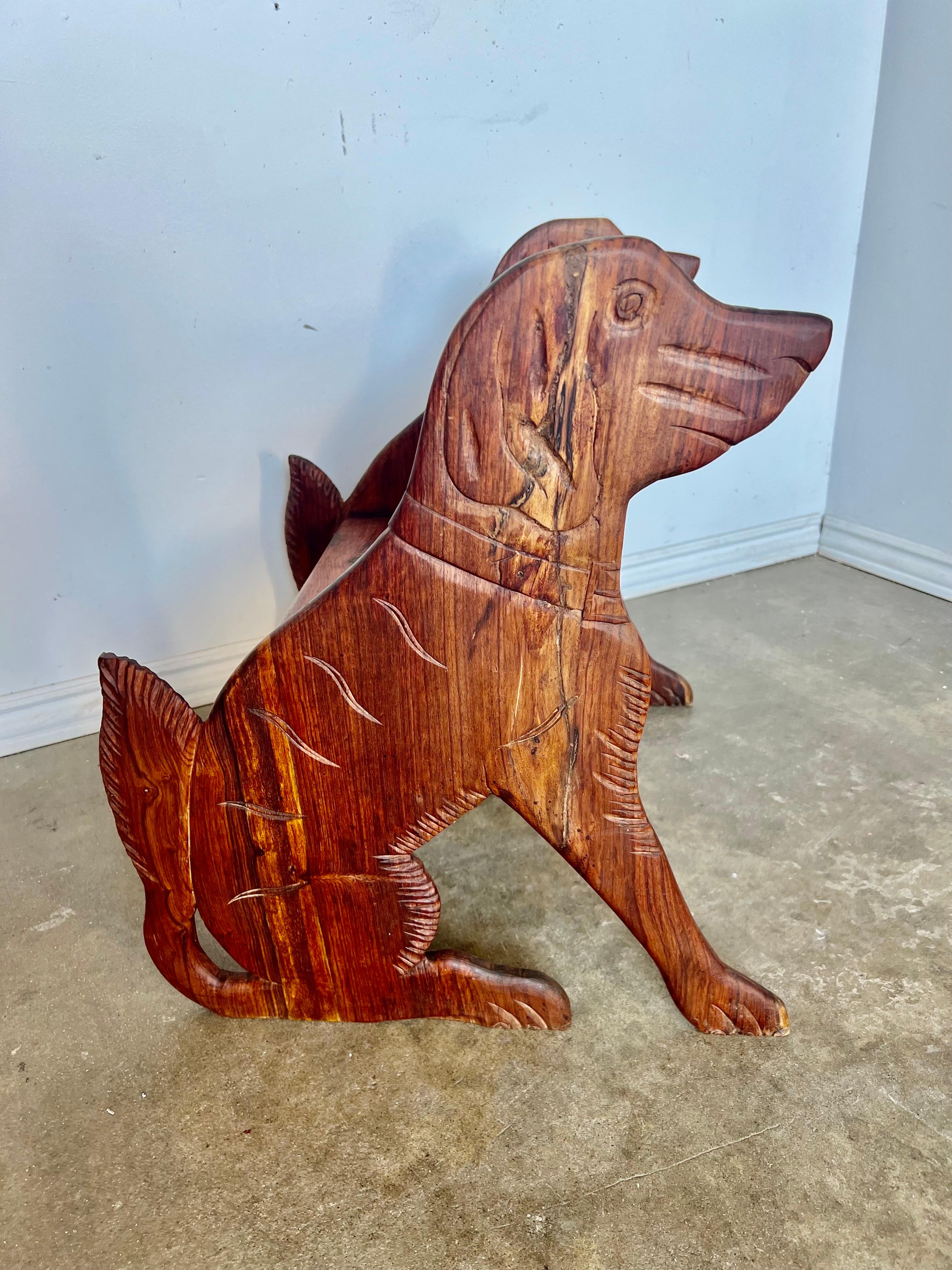 Folk Art Hand Carved Wood Dog Step Stool 