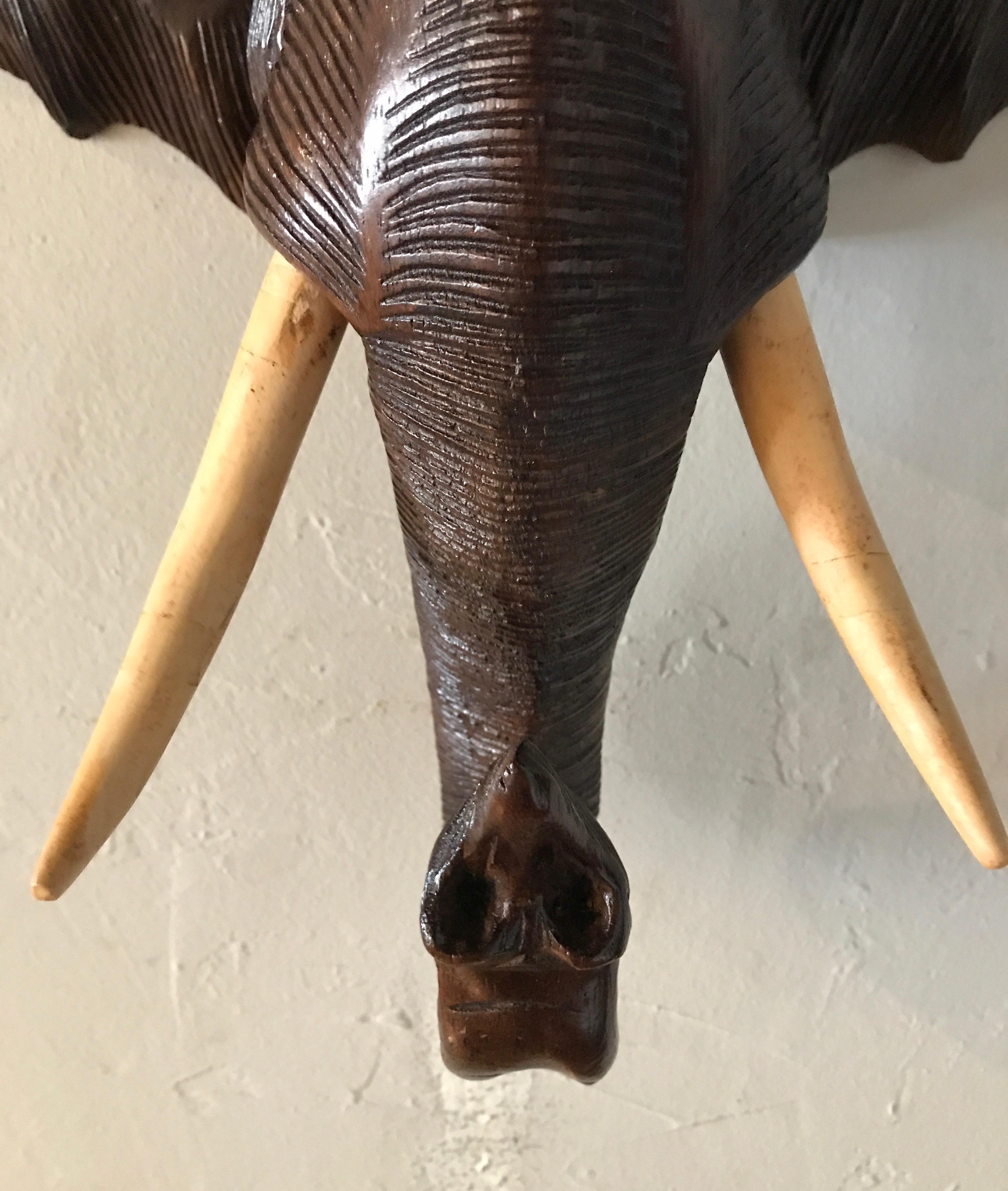 Hand Carved Wood Elephant Head Sculpture In Good Condition In West Palm Beach, FL