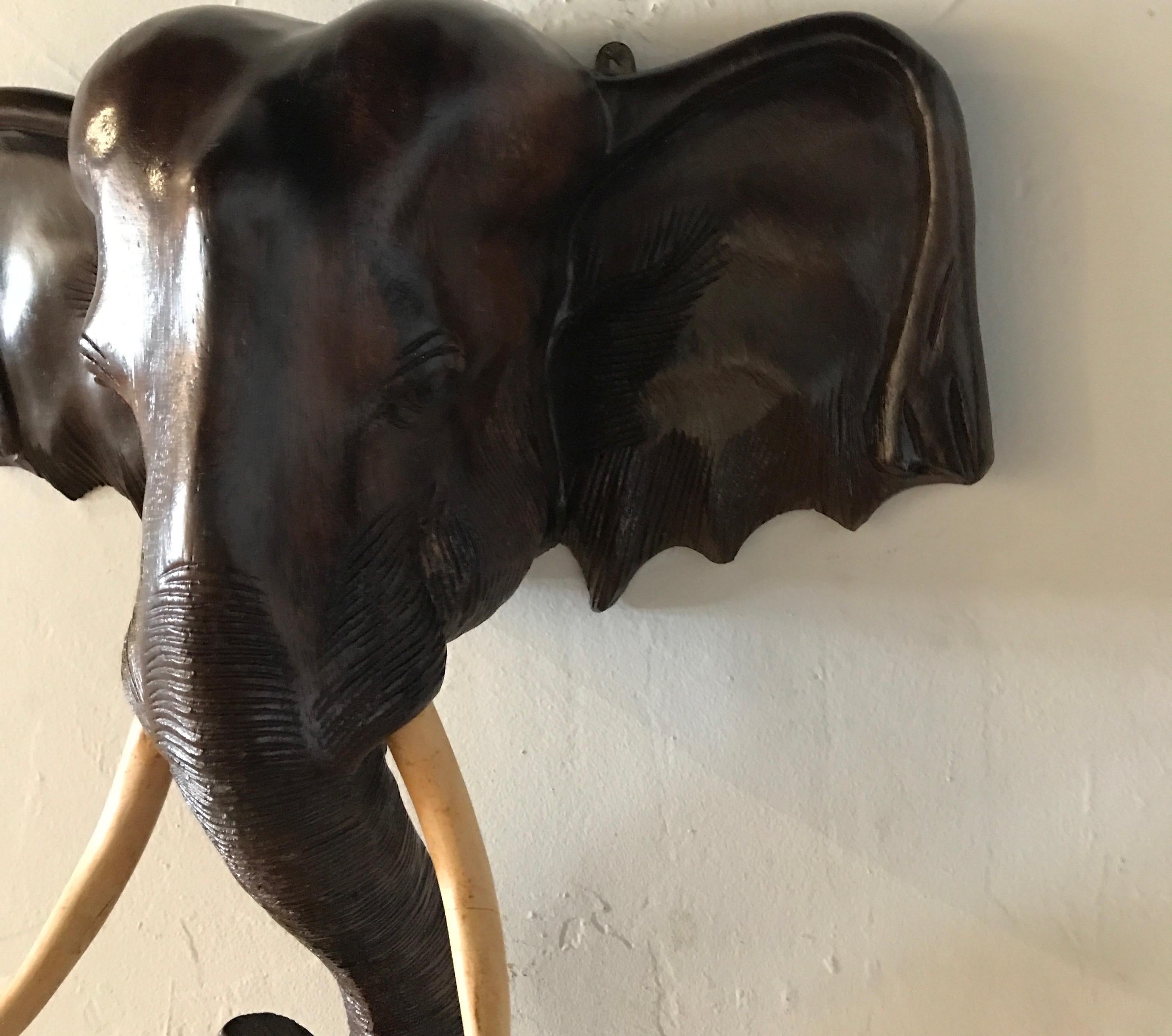 20th Century Hand Carved Wood Elephant Head Sculpture