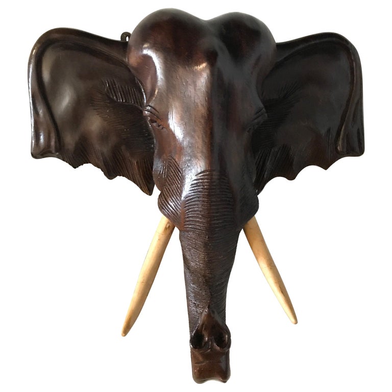 Carved Wooden Effect Elephant Bust Figurine Decorative Ornament Elephant Head