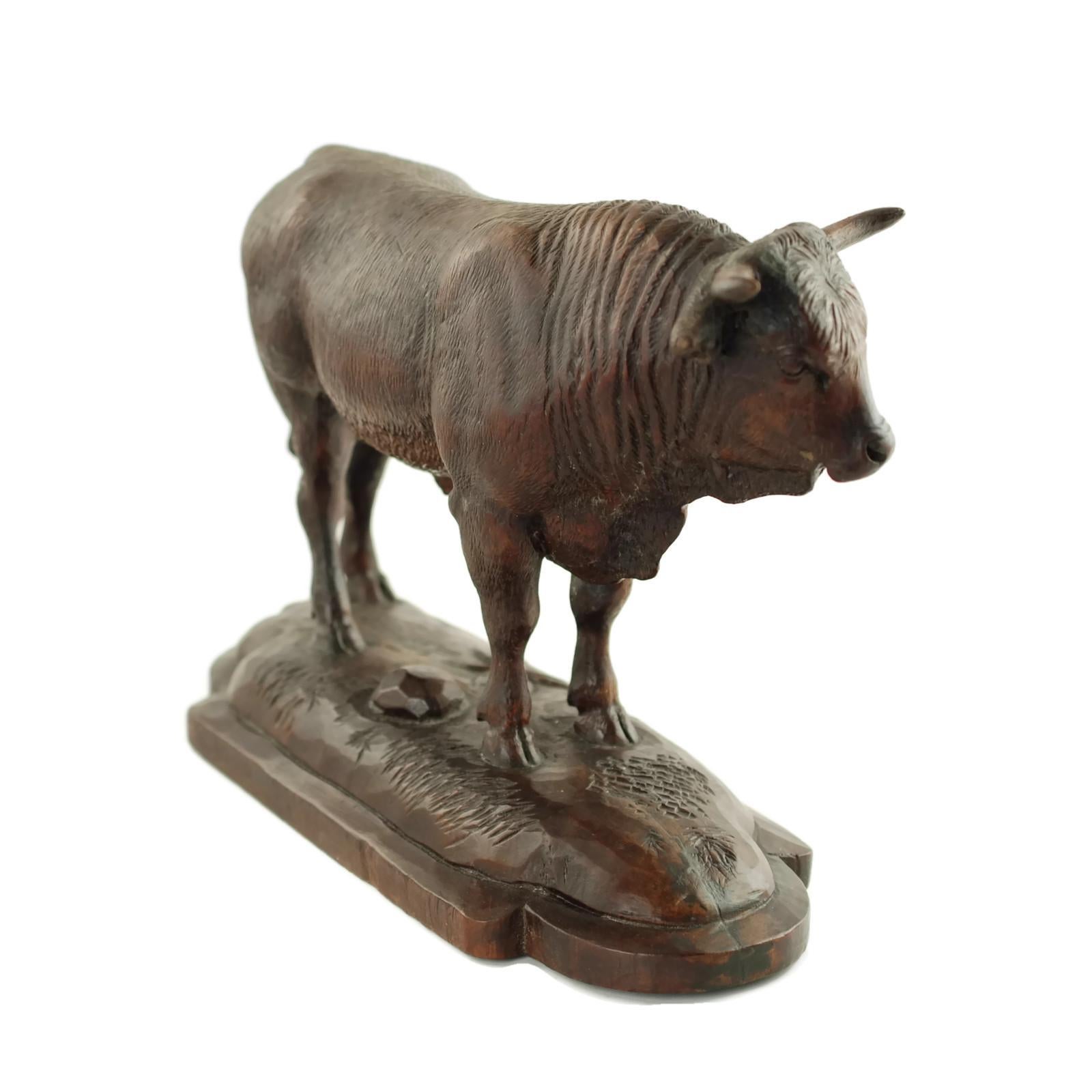 This skillfully executed hand carved figural bull is fully dimensional and has a rich brown color. The bull is depicted in a standing position atop a shaped wooden plinth. The muscular animal has been finished with realistic detail with particular