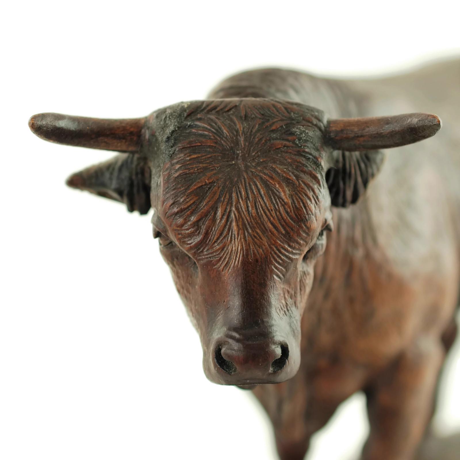 Unknown Hand Carved Wood Figural Bull Statue For Sale