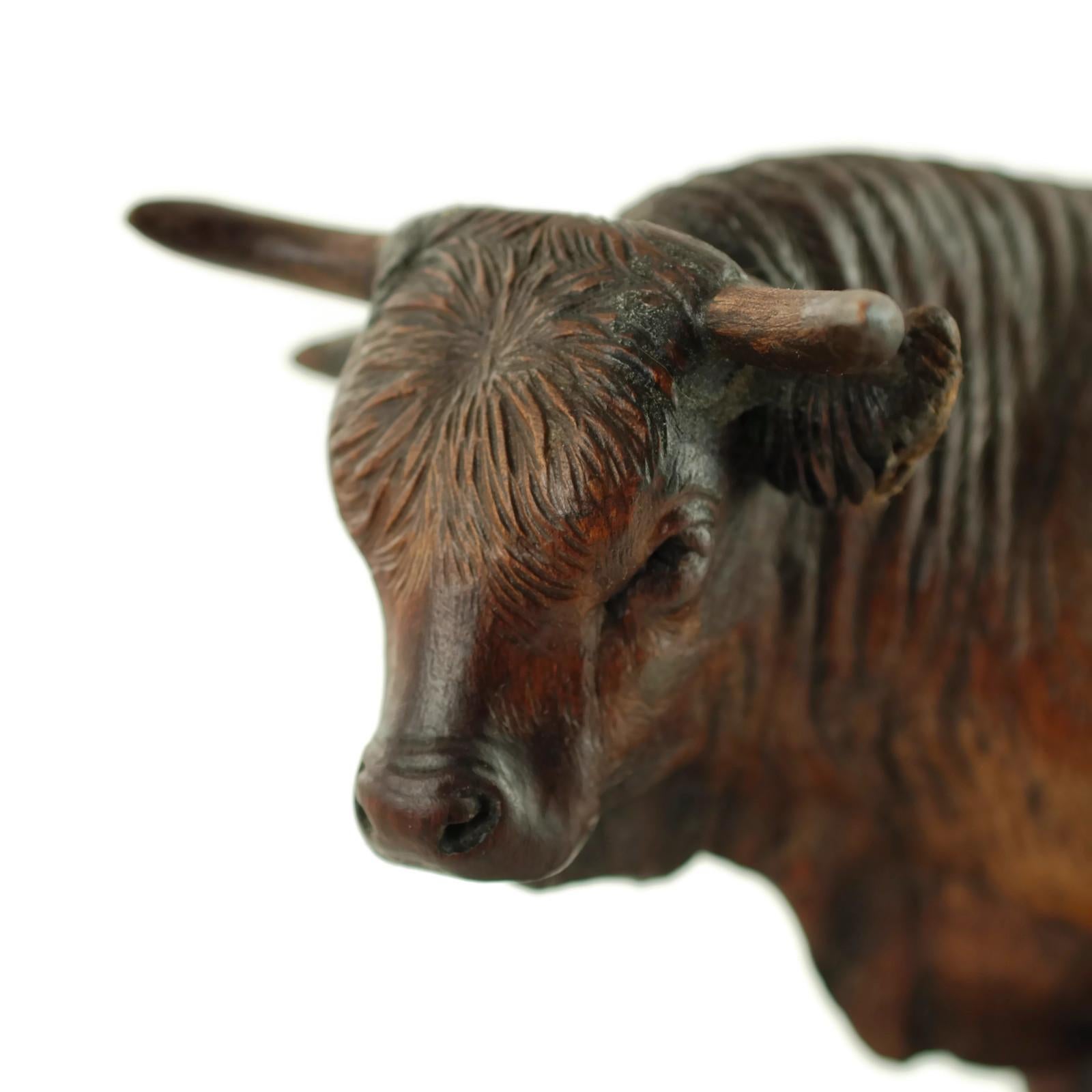 Hand-Carved Hand Carved Wood Figural Bull Statue For Sale