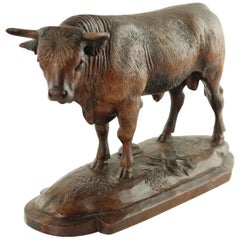 Hand Carved Wood Figural Bull Statue