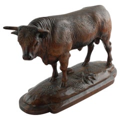 Hand Carved Wood Figural Bull Statue