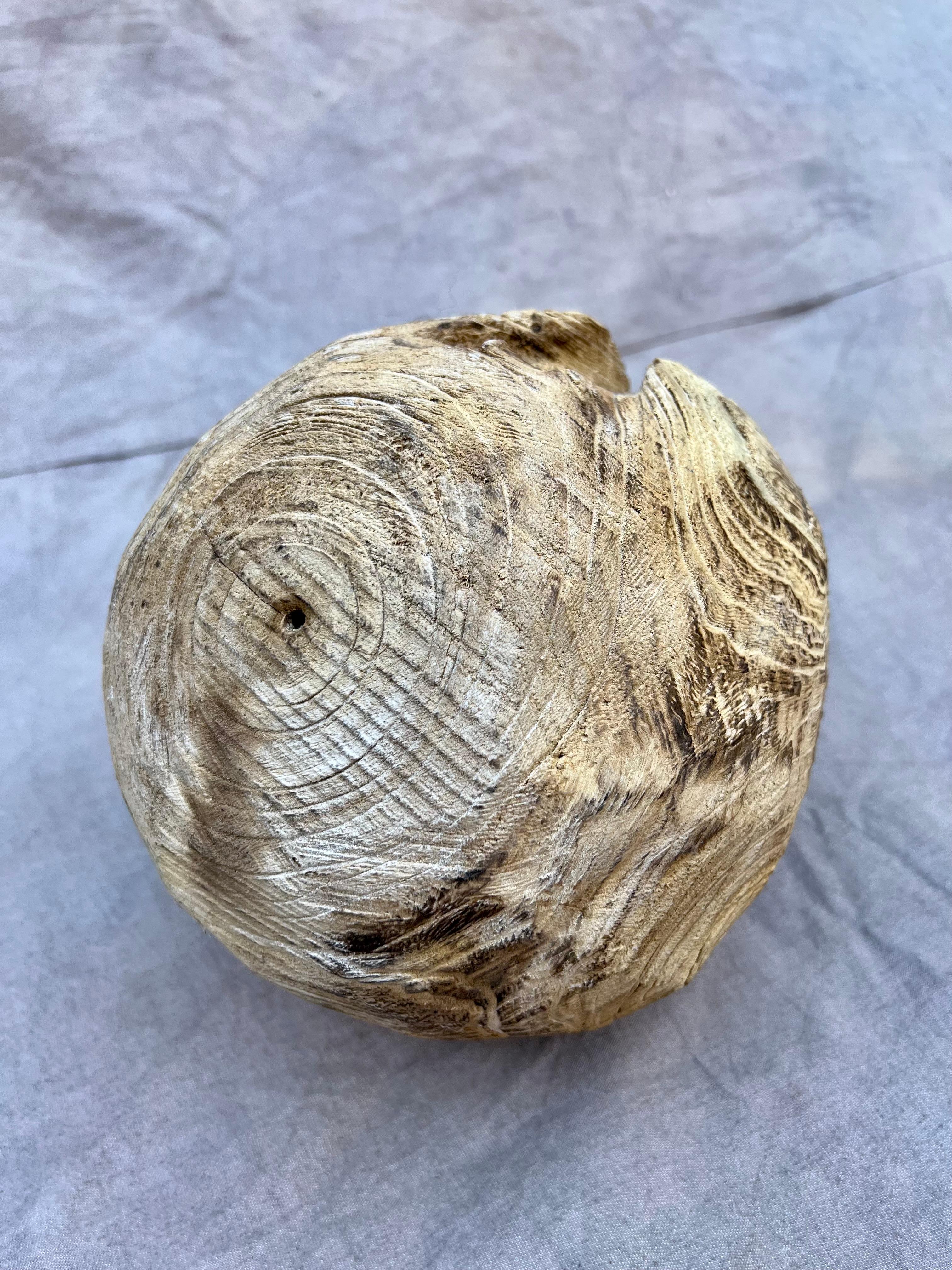 Organic Modern Hand-Carved Wood Folk Art Ball Sphere In Good Condition For Sale In Los Angeles, CA