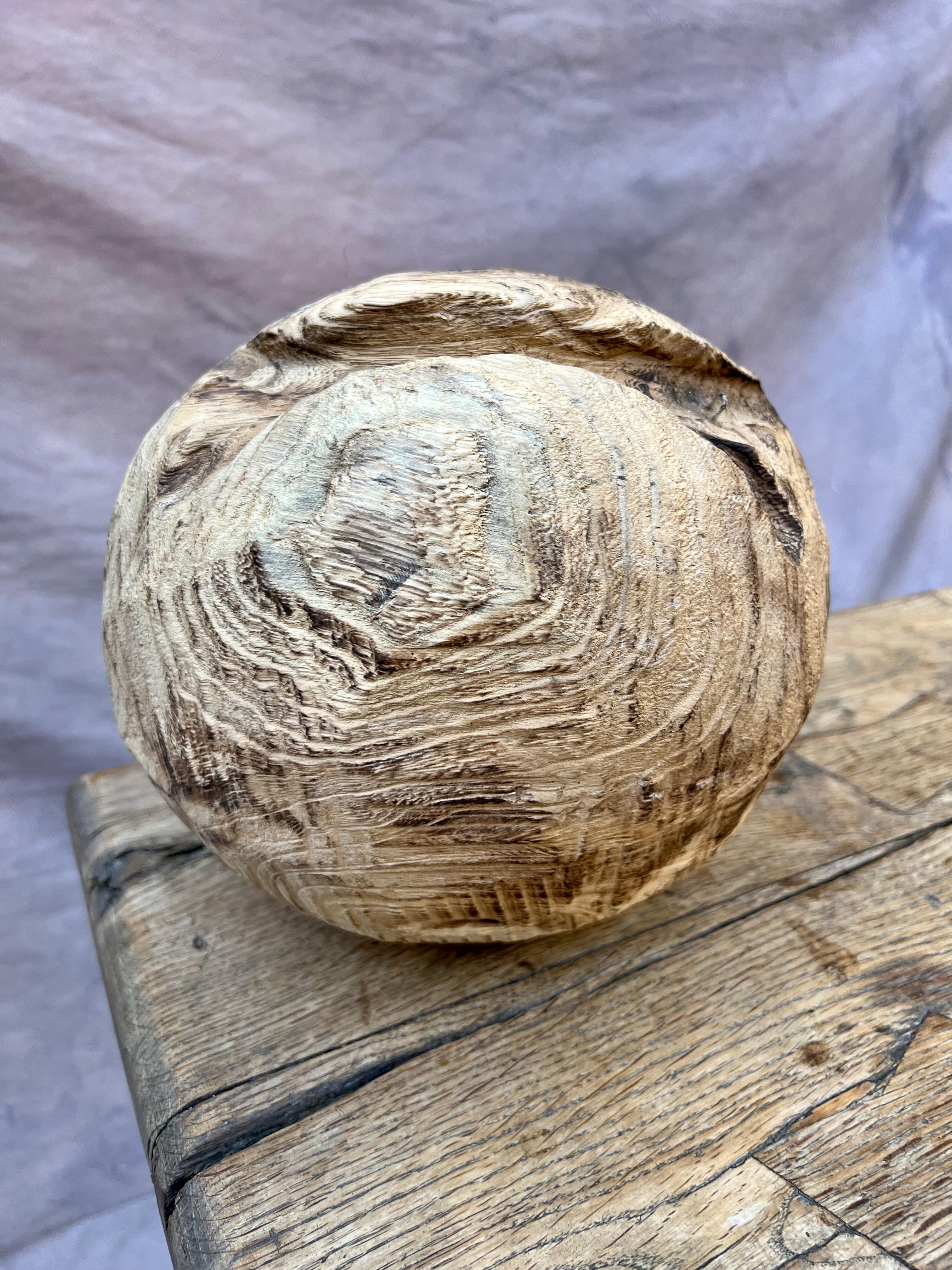 Organic Modern Hand-Carved Wood Folk Art Ball Sphere For Sale 1