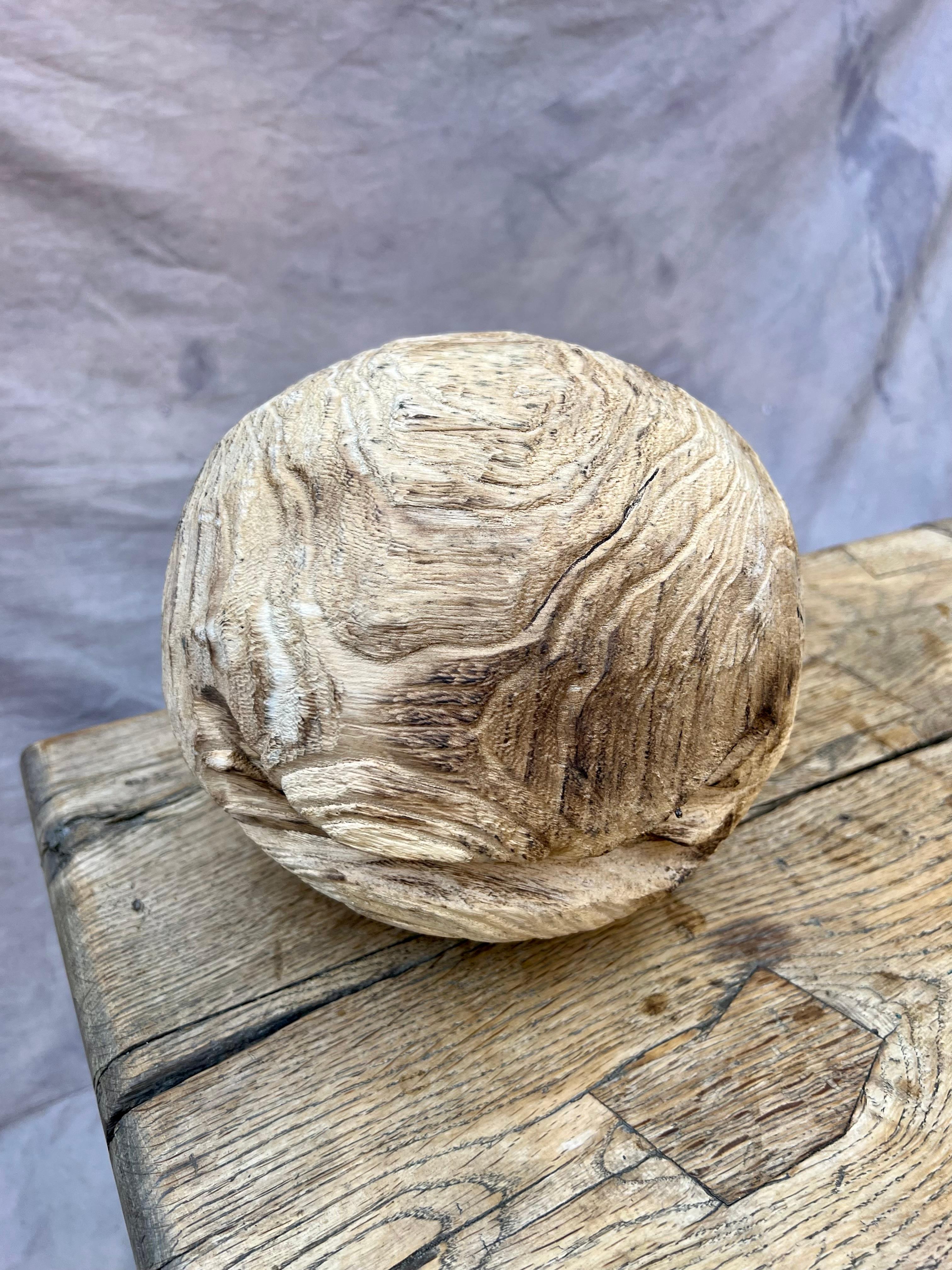 Organic Modern Hand-Carved Wood Folk Art Ball Sphere For Sale 2