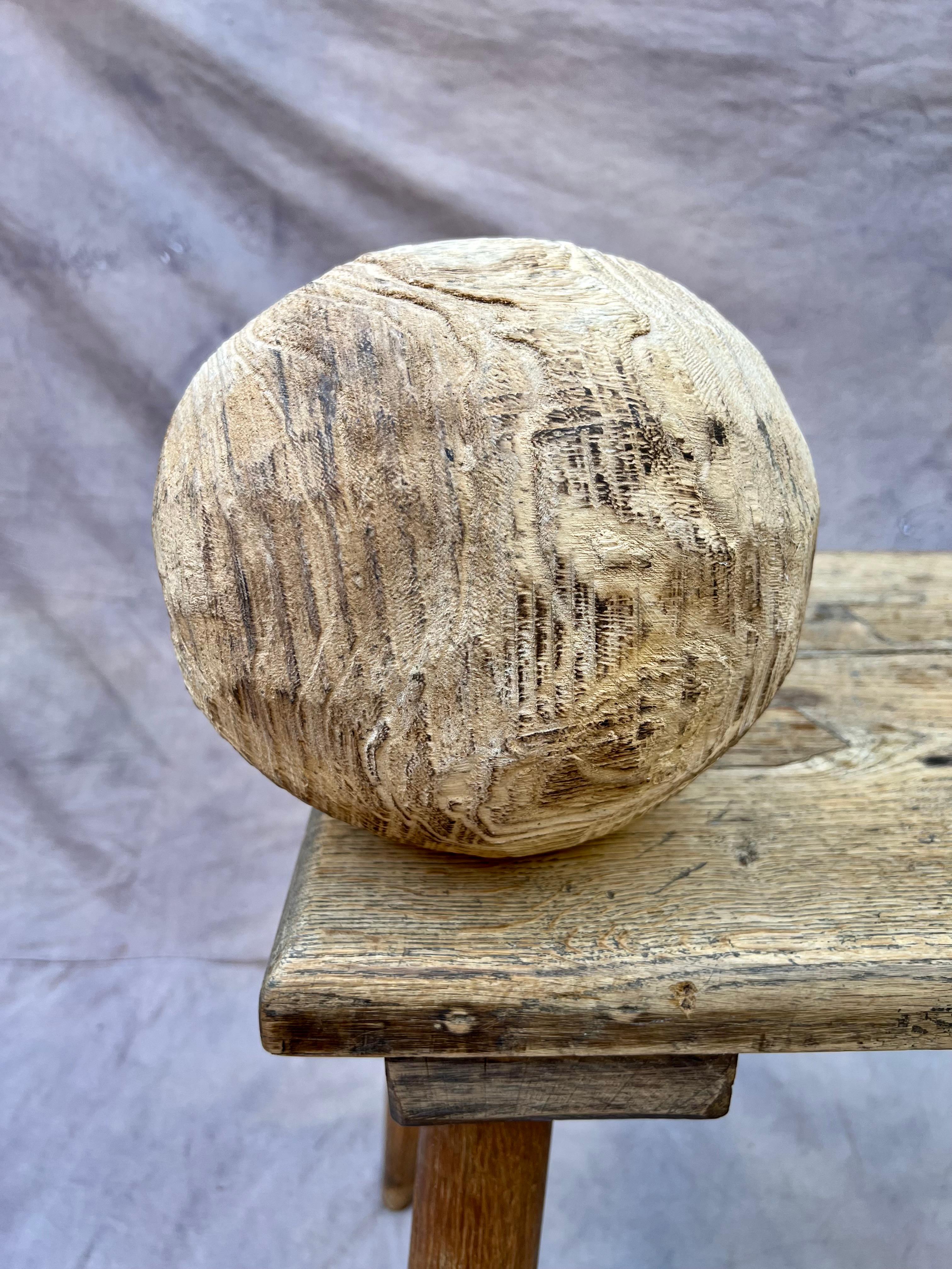 Organic Modern Hand-Carved Wood Folk Art Ball Sphere For Sale 3