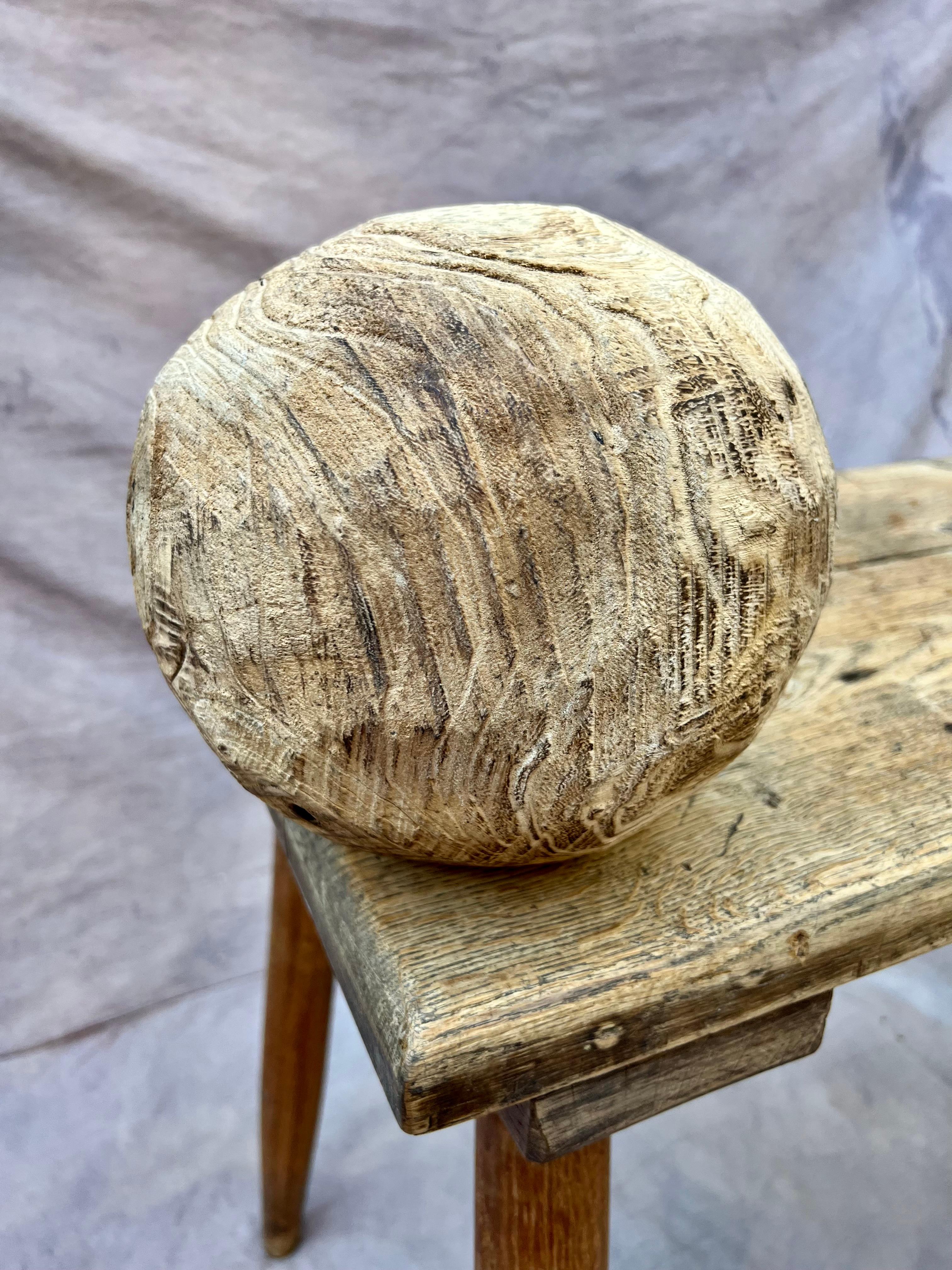 Organic Modern Hand-Carved Wood Folk Art Ball Sphere For Sale 4