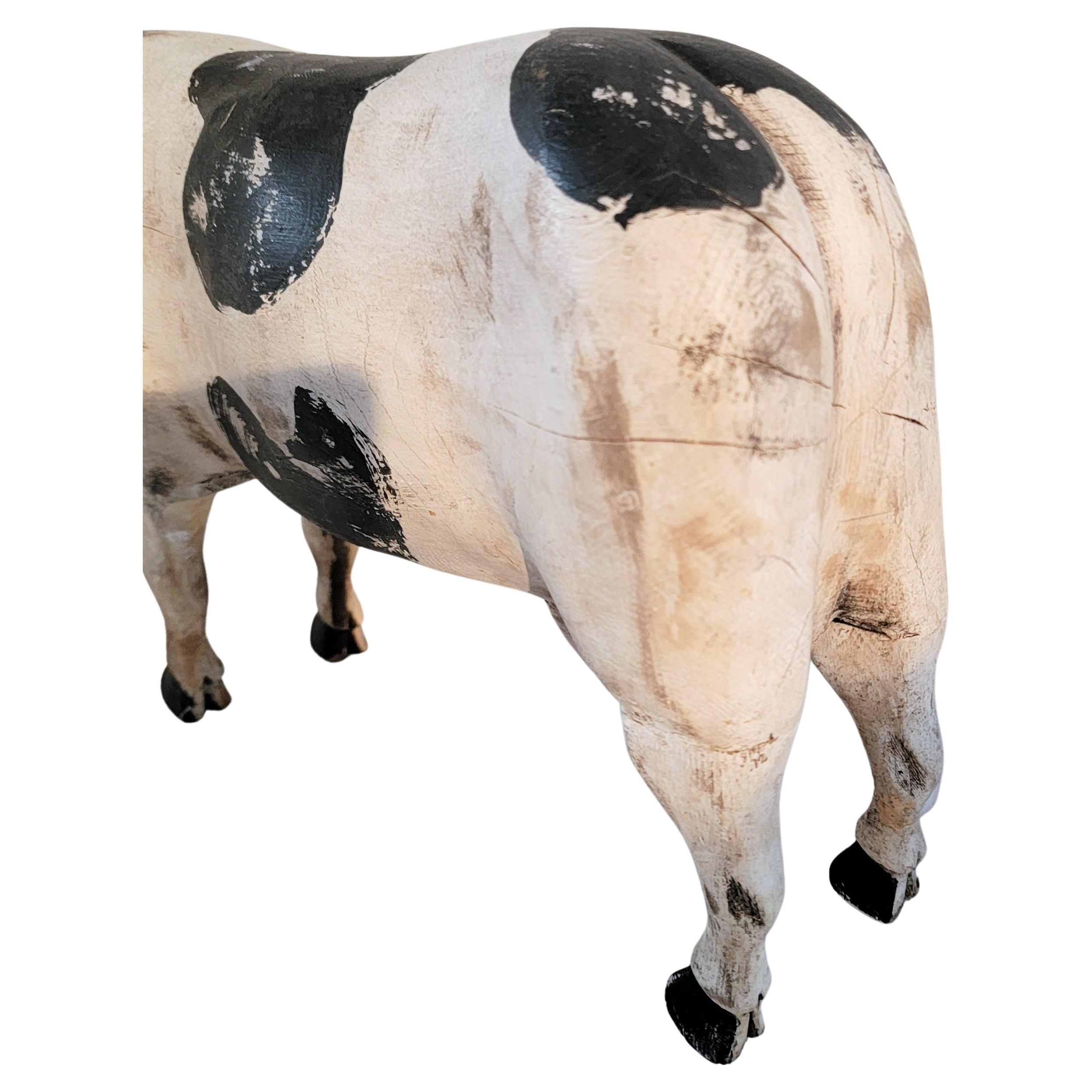 Hand Carved Wood Folky Cow In Distressed Condition In Los Angeles, CA