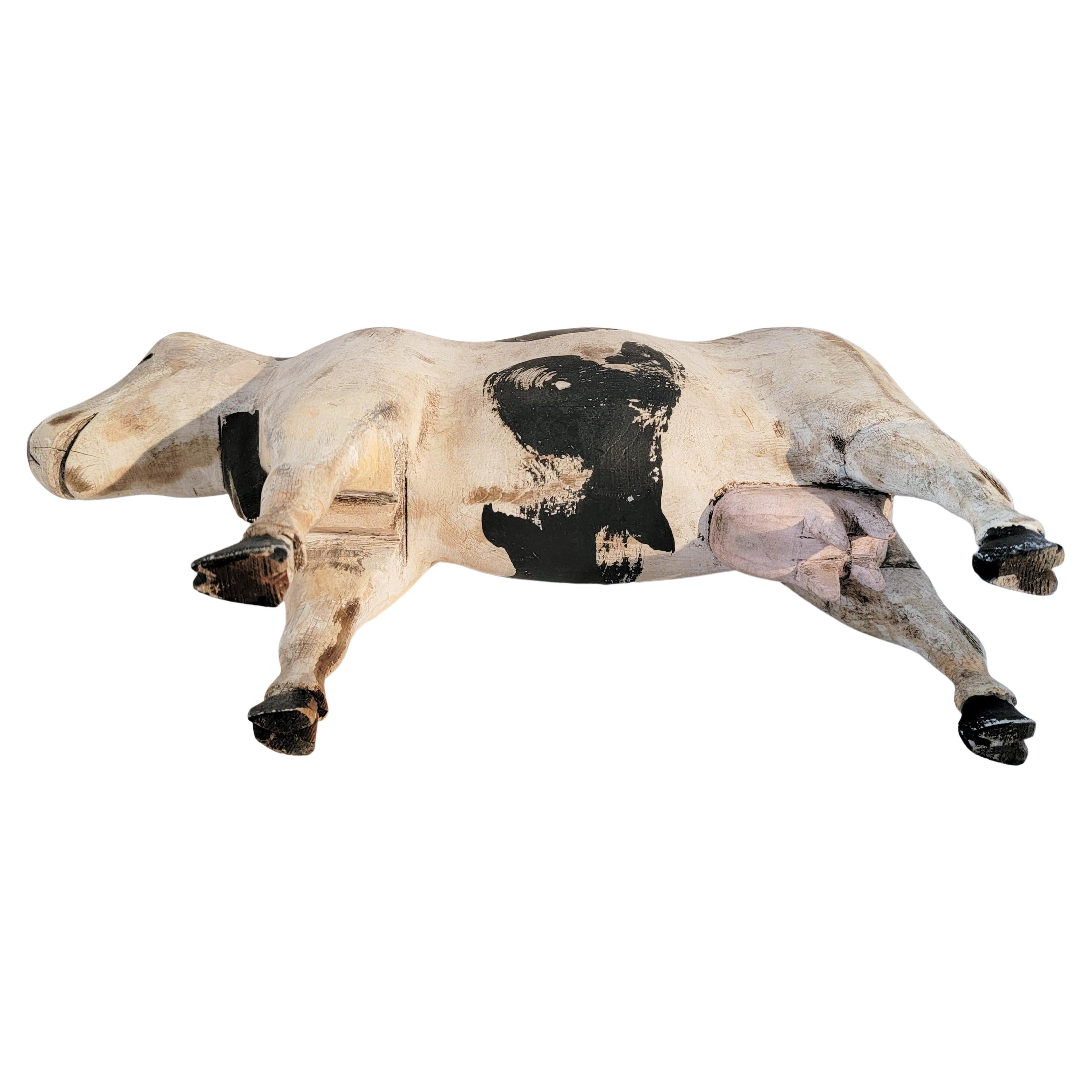 20th Century Hand Carved Wood Folky Cow