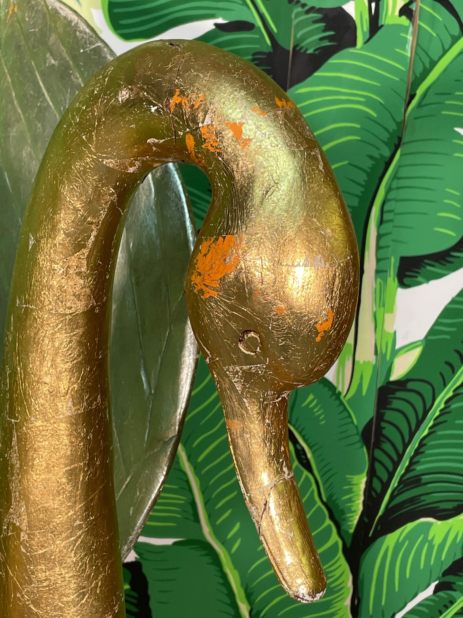 Hollywood Regency Hand Carved Wood Gold Leaf Swan Sculpture For Sale