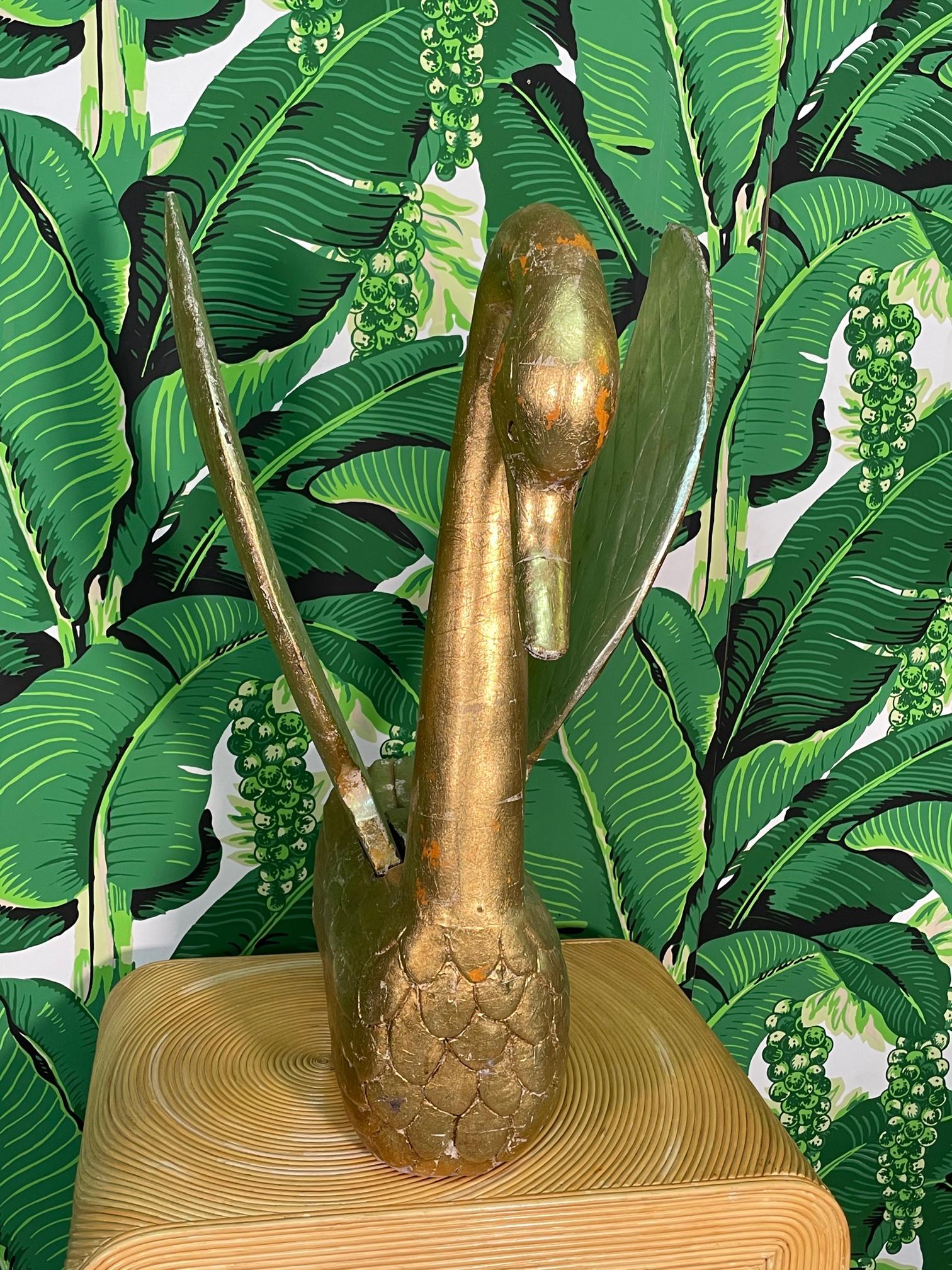Hand Carved Wood Gold Leaf Swan Sculpture In Good Condition In Jacksonville, FL