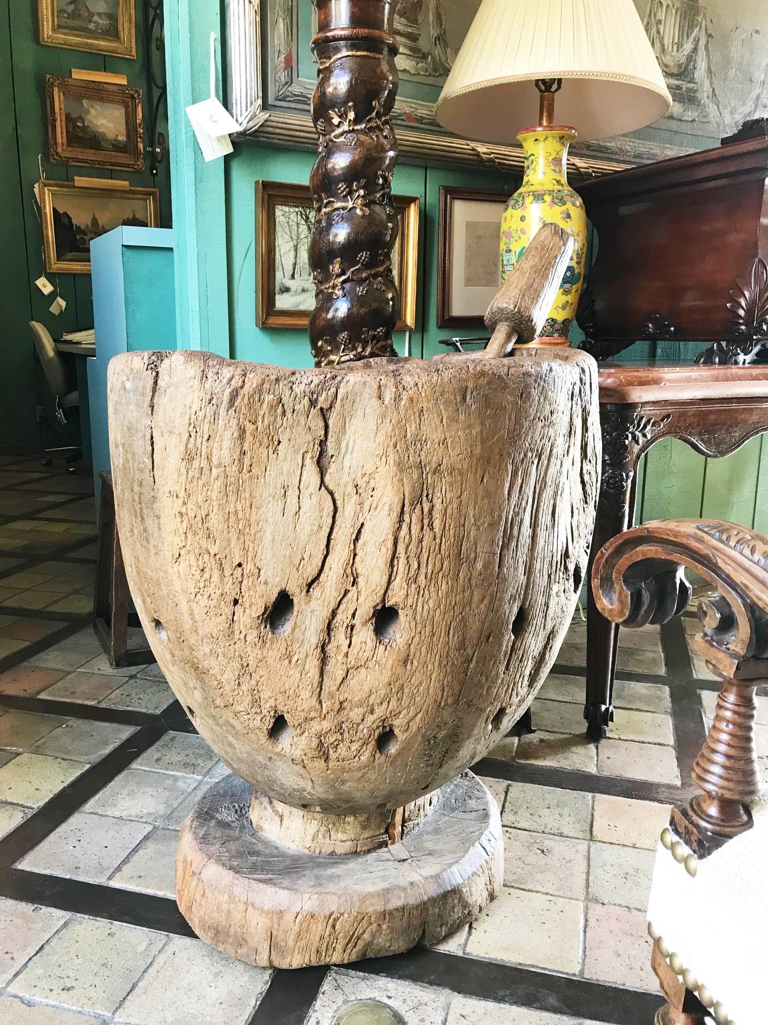 Hand carved wood holder planter vase Jardinière cachepot decorative antiques LA CA . Large 18th / 19th century Hand carved wood mortar and pestle originally created for the corn and coffee. Nice clean lines in a vase shape form mounted on a pedestal