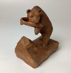 Hand Carved Wood Hunting Bear with Fish Sculpture by Denys Heppell