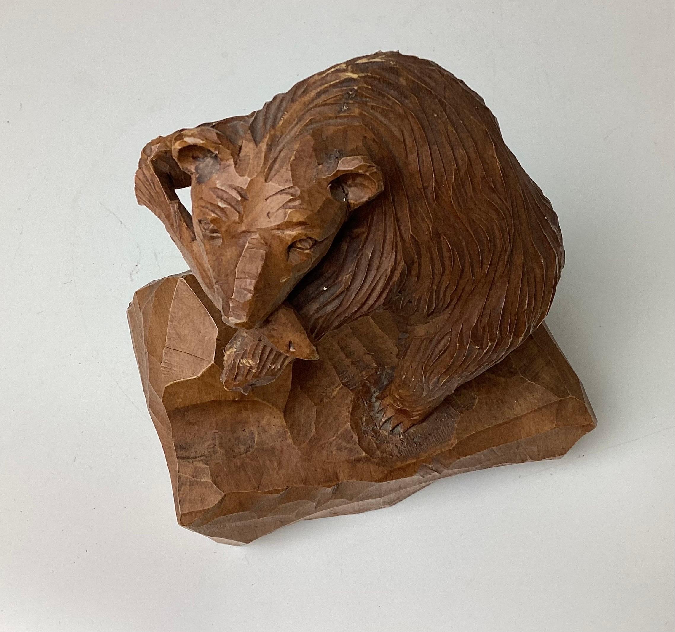 Hand-Carved Hand Carved Wood Hunting Bear with Fish Sculpture by Denys Heppell  For Sale