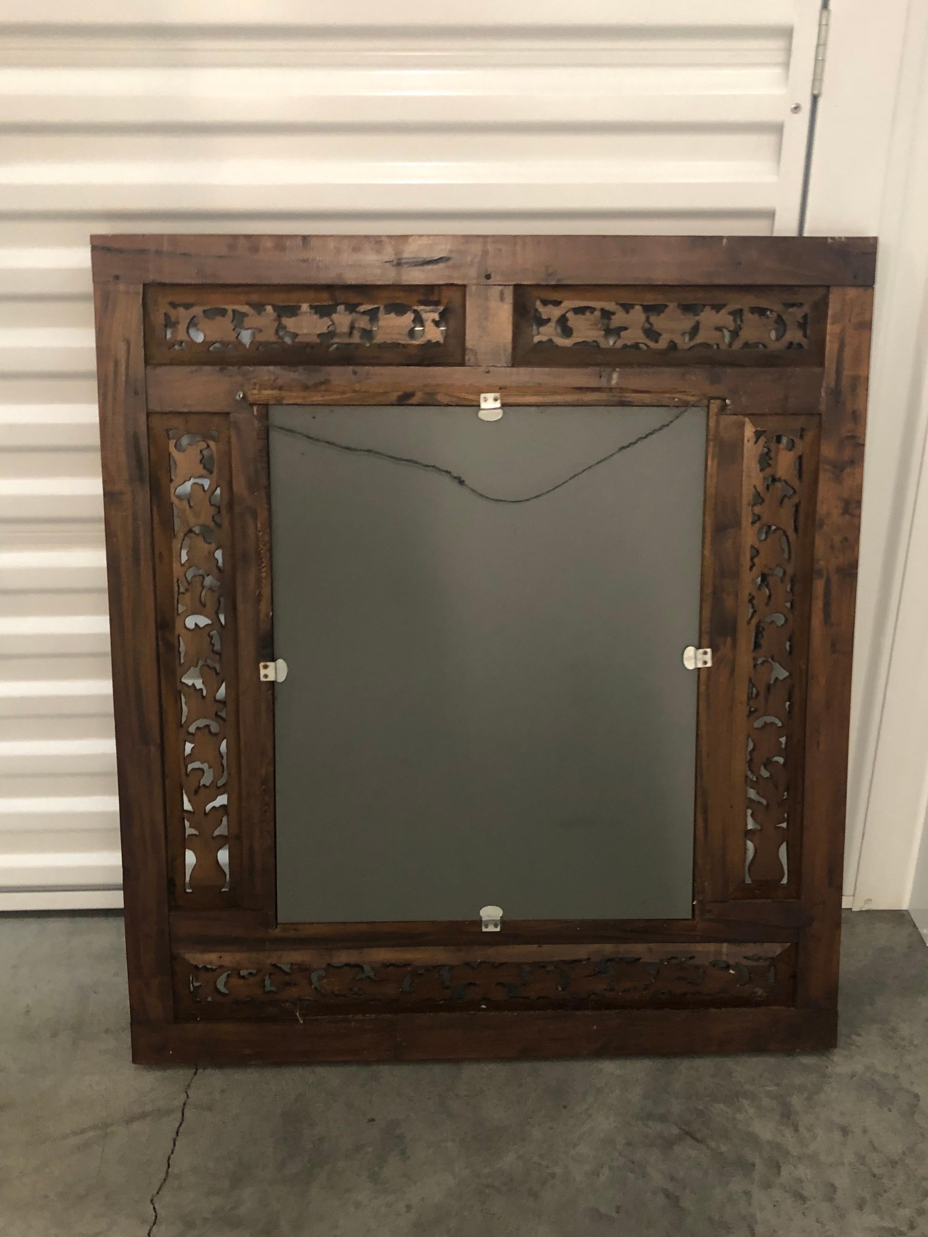 Hand Carved Wood Indian Wall Mirror  In Good Condition In Oakland Park, FL