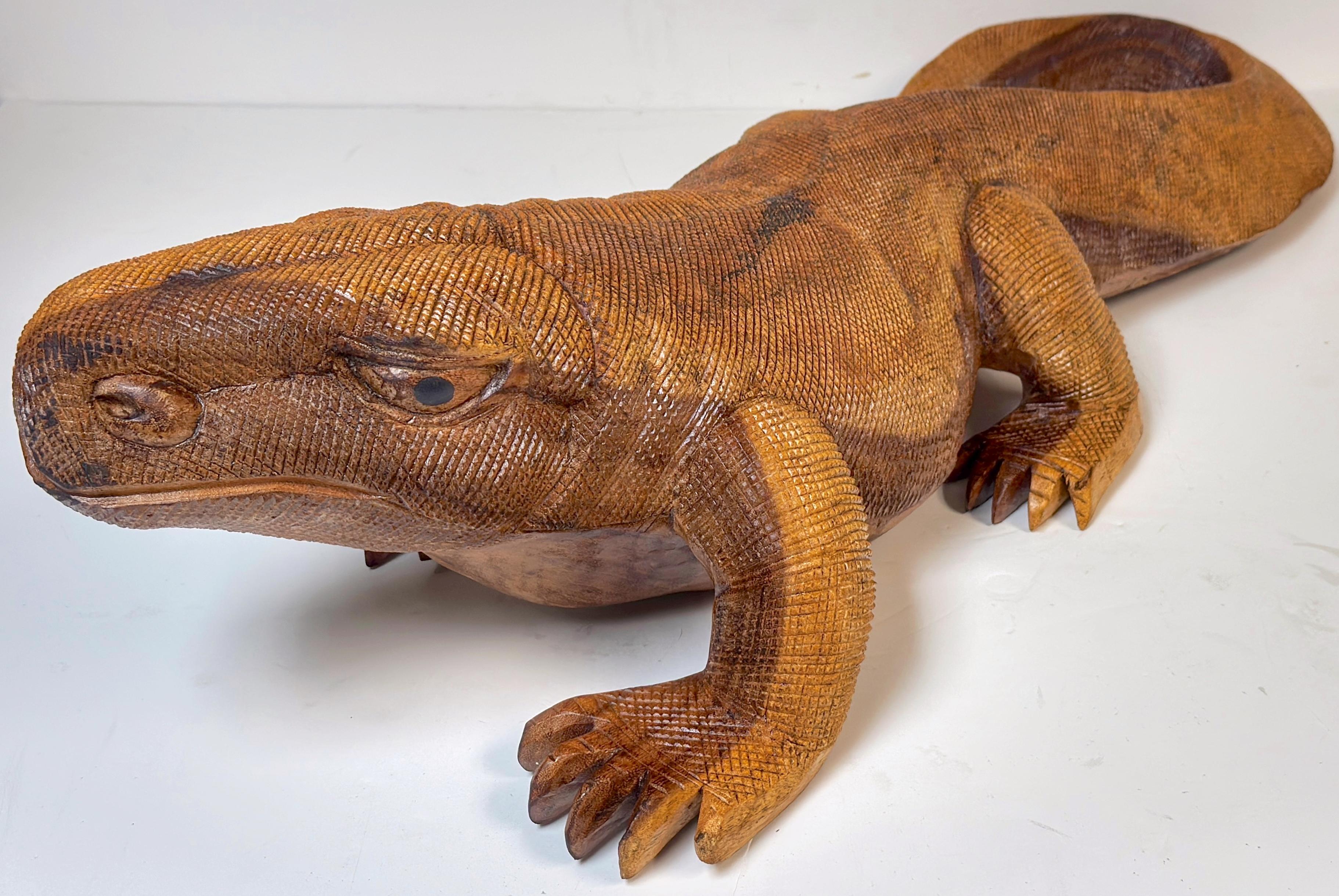 Mexican Hand-Carved Wood Life Size Monitor Lizard, School of Bustamonte, Mexico, 1970s For Sale