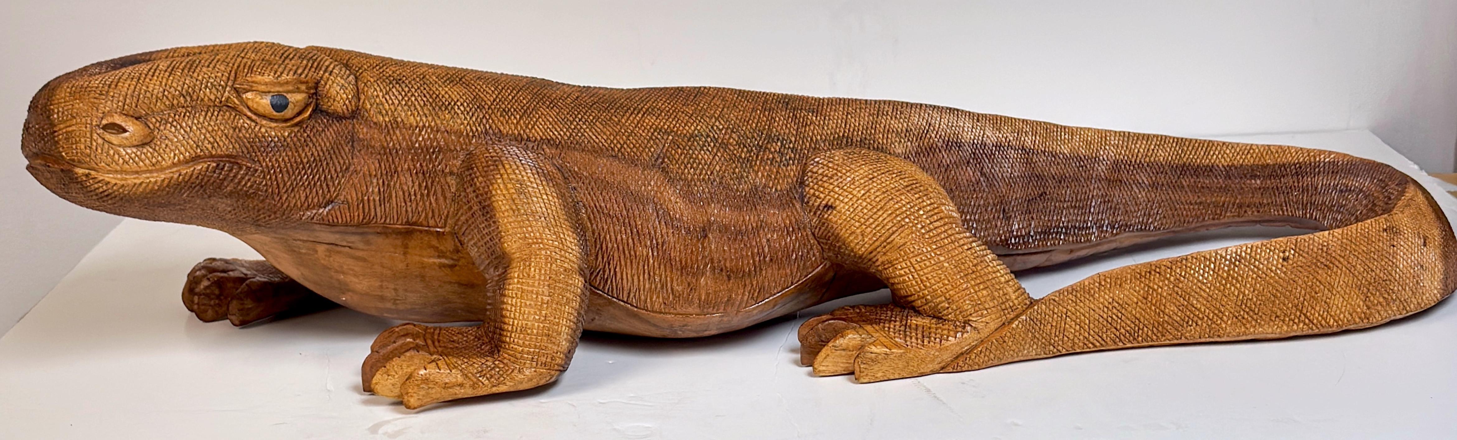 Hardwood Hand-Carved Wood Life Size Monitor Lizard, School of Bustamonte, Mexico, 1970s For Sale