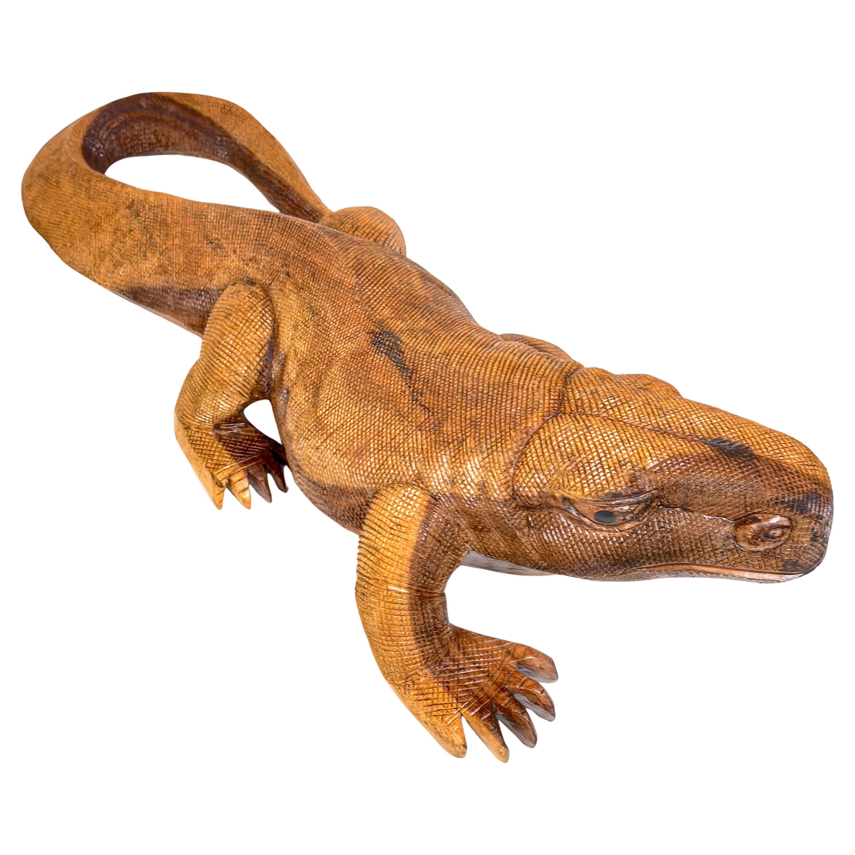 Hand-Carved Wood Life Size Monitor Lizard, School of Bustamonte, Mexico, 1970s