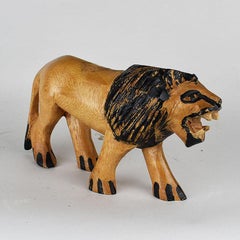Hand Carved Wood Lion Toy Figure in Orange and Black, Africa, 1970s