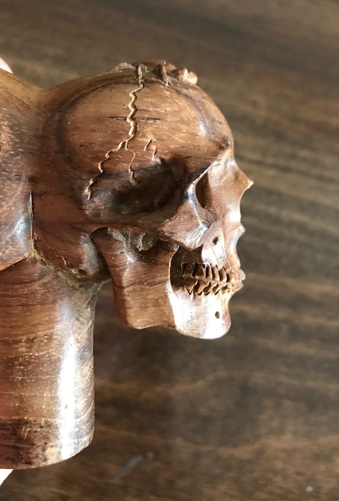 Hand-Carved Hand Carved Wood Memento Mori Double Skull Cane Walking Stick Handle For Sale